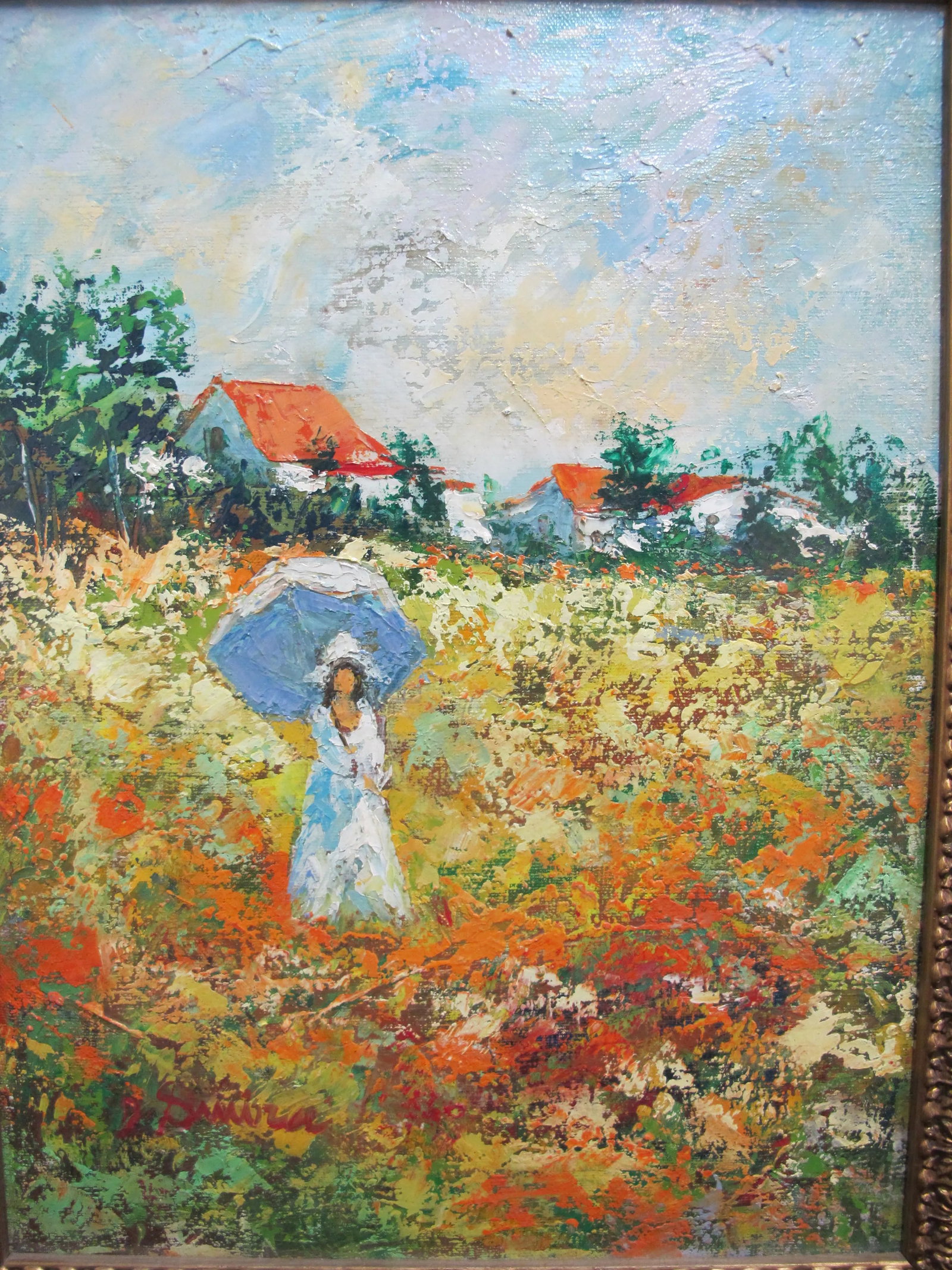 David Smira Framed Impressionist Woman W/Umbrella in Flower Field Oil Painting - 2