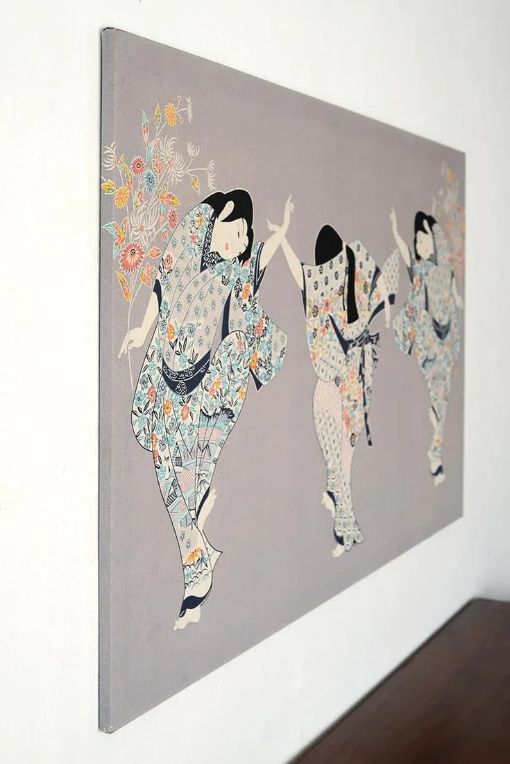1970s Japanese Isao Homma Geisha Dance Fabric Artwork - 3