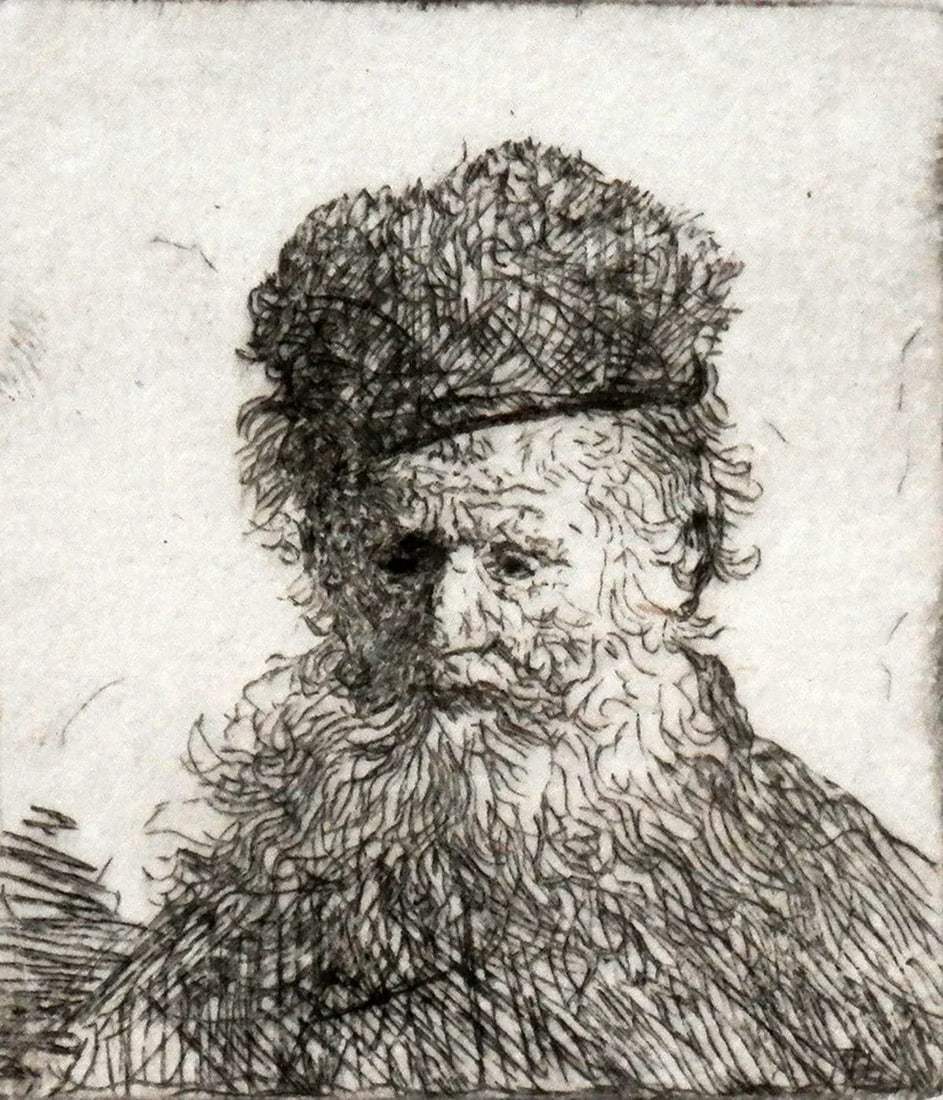 Rembrandt Van Eijn Original Etching Bust of an Old Man With a Fur Cap - 2