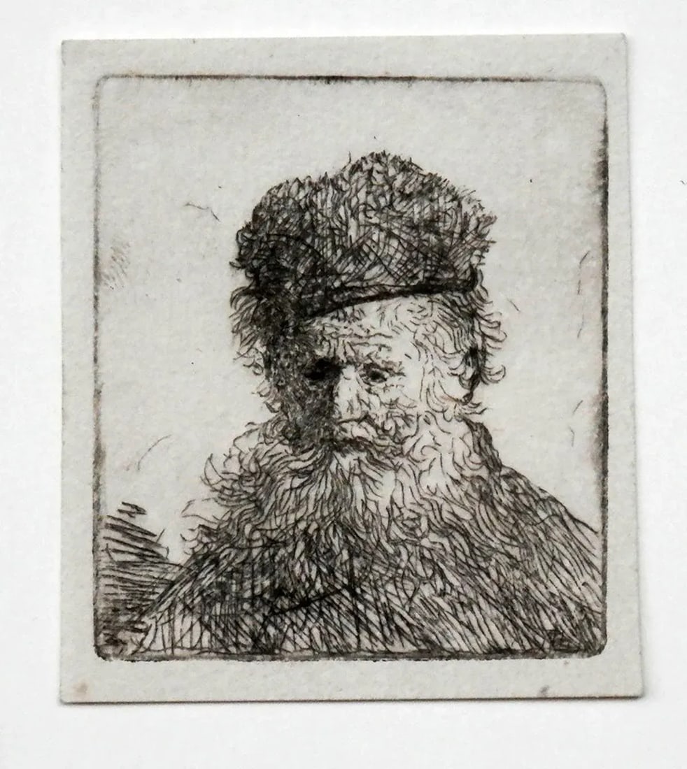 Rembrandt Van Eijn Original Etching Bust of an Old Man With a Fur Cap - 3