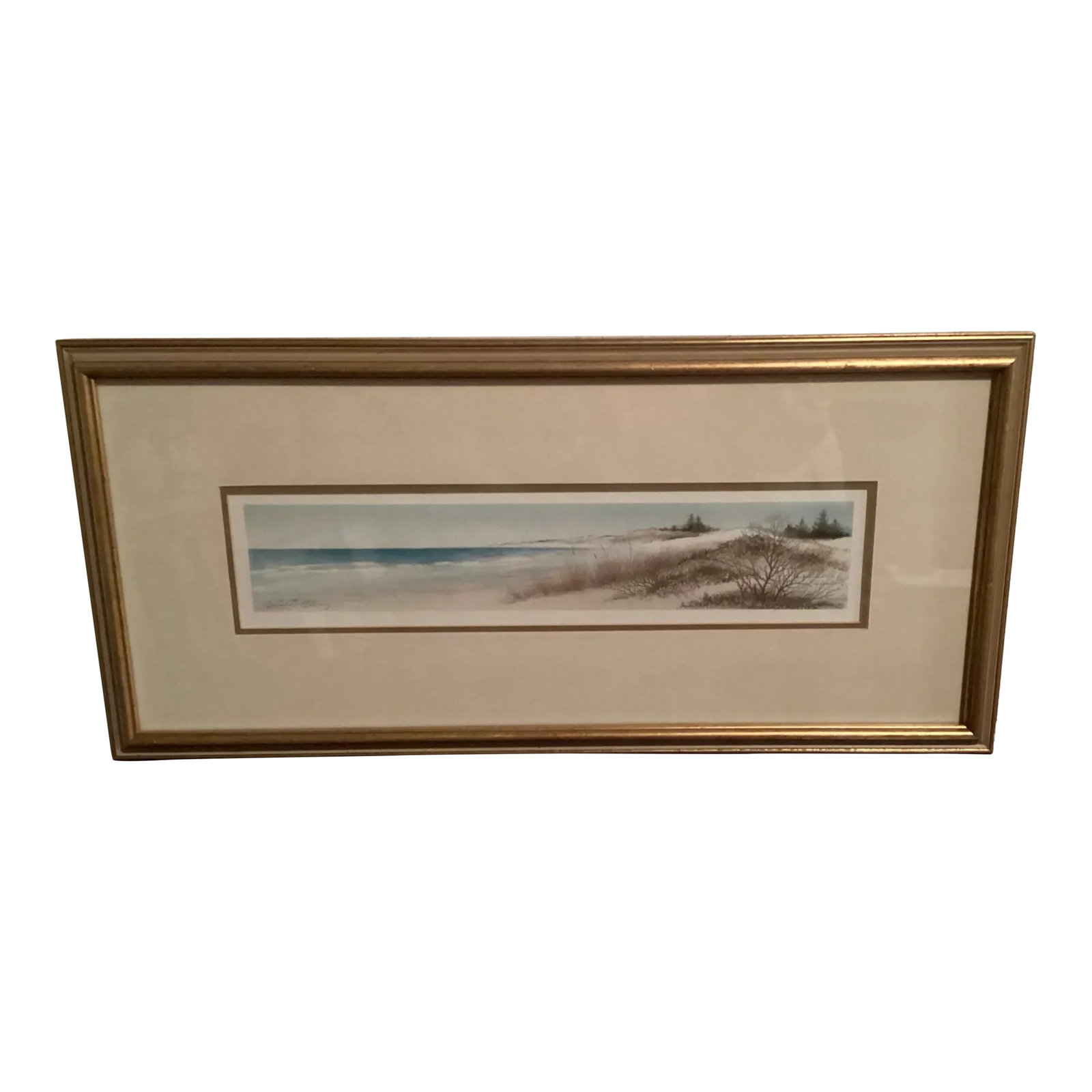 Original Watercolor Seascape Panoramic Beach view, Signed by Artist Arnold Alaniz: You want to run straight for the water when you see this beach scene. A perfect panoramic slice of a beach. The painting is long encompassing the entire view. At 24.5 W x 11.5 H it.s like a picture.