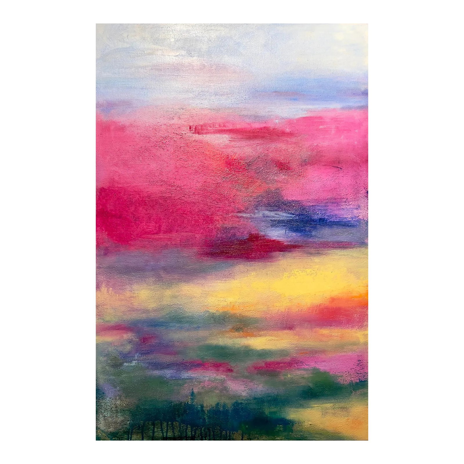 "Violet Skies" Original Oil Painting: This piece, oil on canvas, uses different brush techniques and textures. The dripped paint at the bottom provides visual interest and lends support as a base to the softer, ethereal blending of