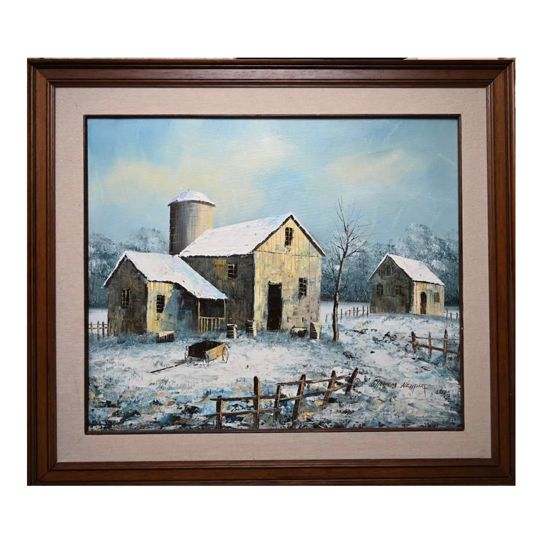 Mid 20th Century Original William Newport Signed Oil Painting: Newport's use of textured brushstrokes, particularly in the rough wooden structures and snow, adds depth and character, making the scene feel both lifelike and emotionally stirring. His signature,