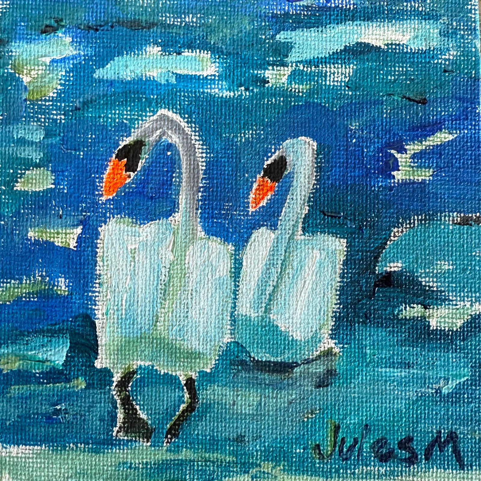 Swans Contemporary Mini Acrylic Painting: A beautiful pair of swans painted loosely on 4 by 4 inch canvas. This makes a wonderful gift or keep for yourself. Collect others. Condition: Imperfections: No Imperfections Condition Notes: perfect