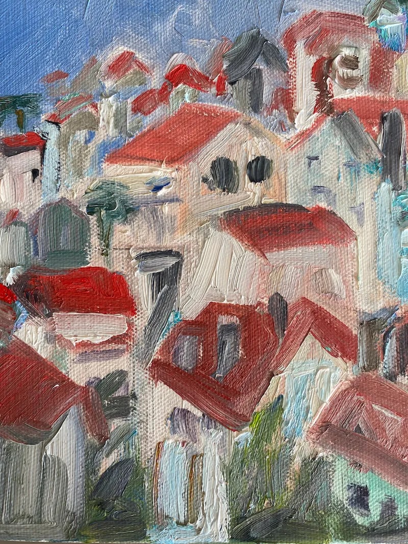Landscape, Clay Roofs, Original Painting on Canvas - 2