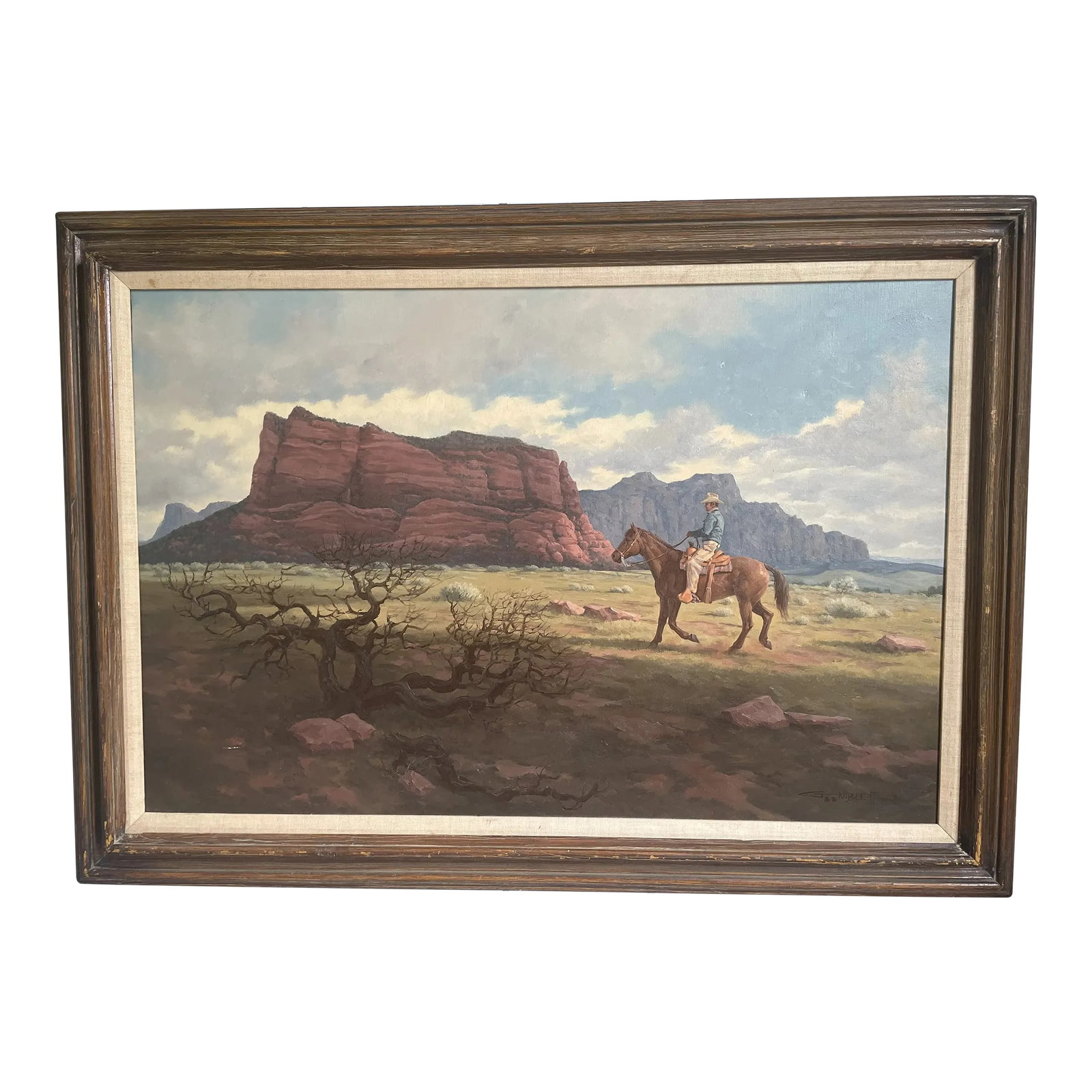 Oil on Canvas "Out for a Ride" by Gary Niblett: Gary Lawrence Niblett (New Mexico, 1943-) Oil on Canvas, "Out for a Ride." Signed G. Niblett 73" in lower right of image. Landscape of the American West featuring a cowboy riding his horse. The