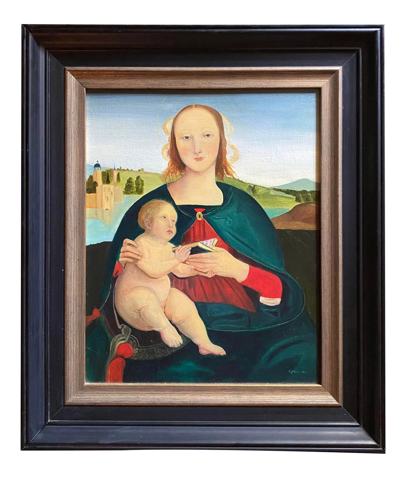 Late 20th Century Madonna and Child Figurative Oil Painting; After Rafael. Framed. Signed.: Original oil painting on hand stretched linen of Madonna and Child in the Renaissance style by Satori Gregorakis. Circa 1990. Framed and signed in the lower right corner. Satori Gregorakis (Long