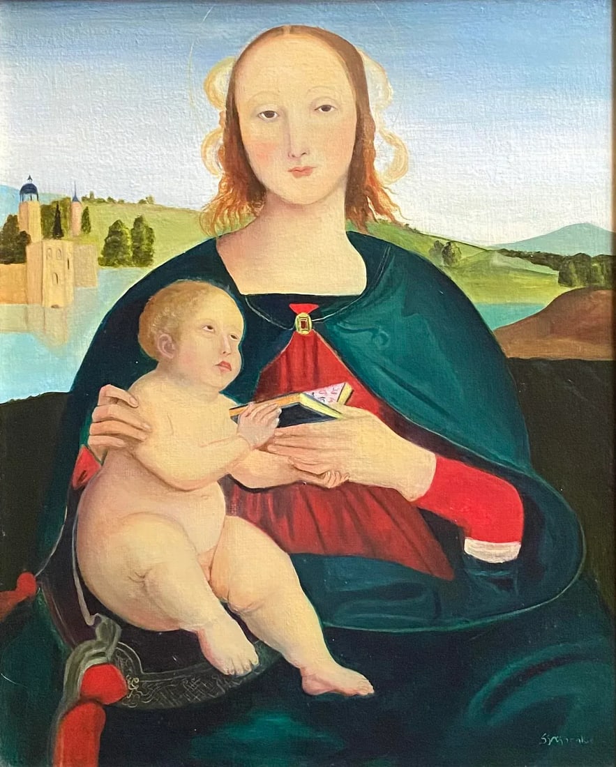 Late 20th Century Madonna and Child Figurative Oil Painting; After Rafael. Framed. Signed. - 2