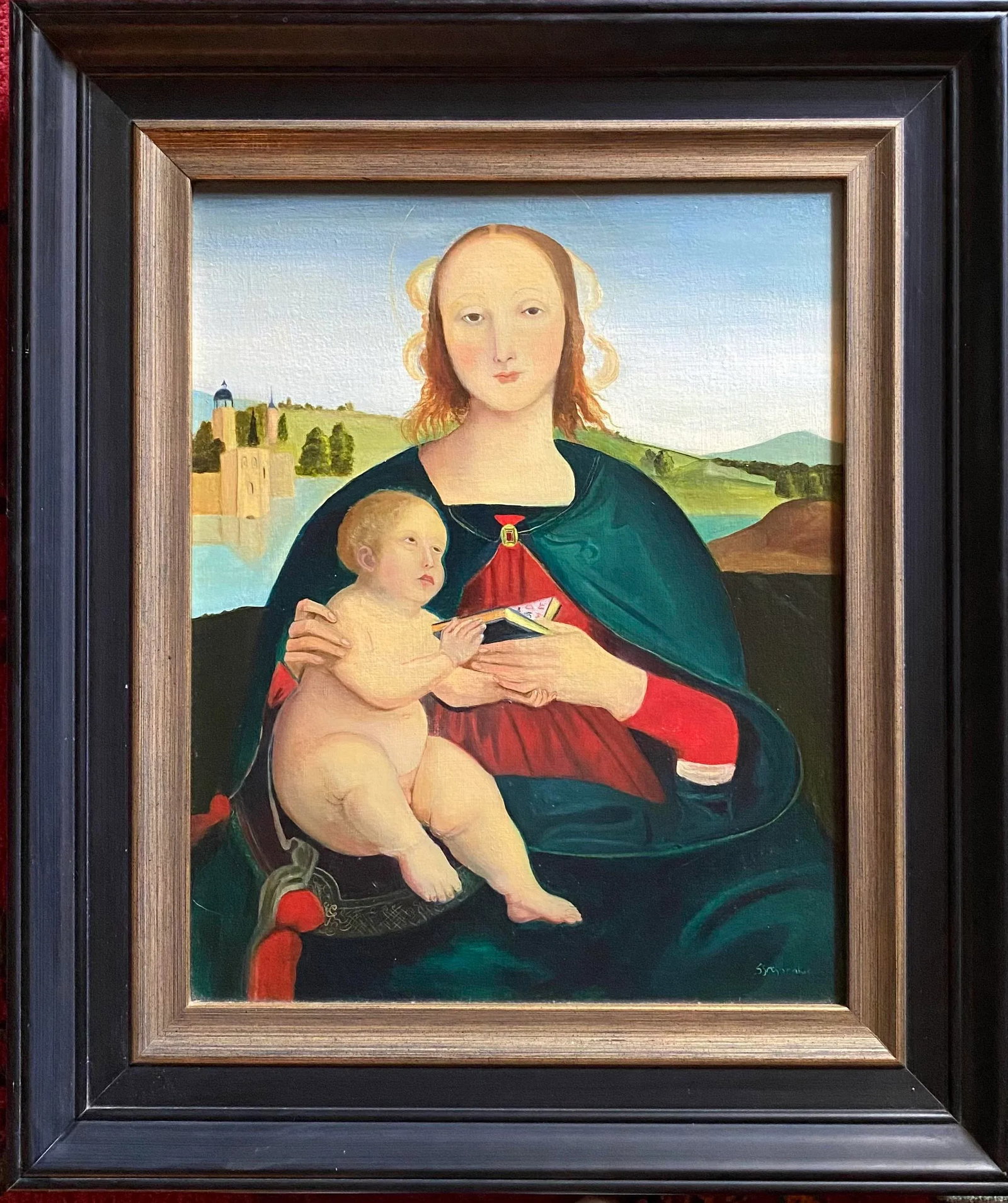 Late 20th Century Madonna and Child Figurative Oil Painting; After Rafael. Framed. Signed. - 3