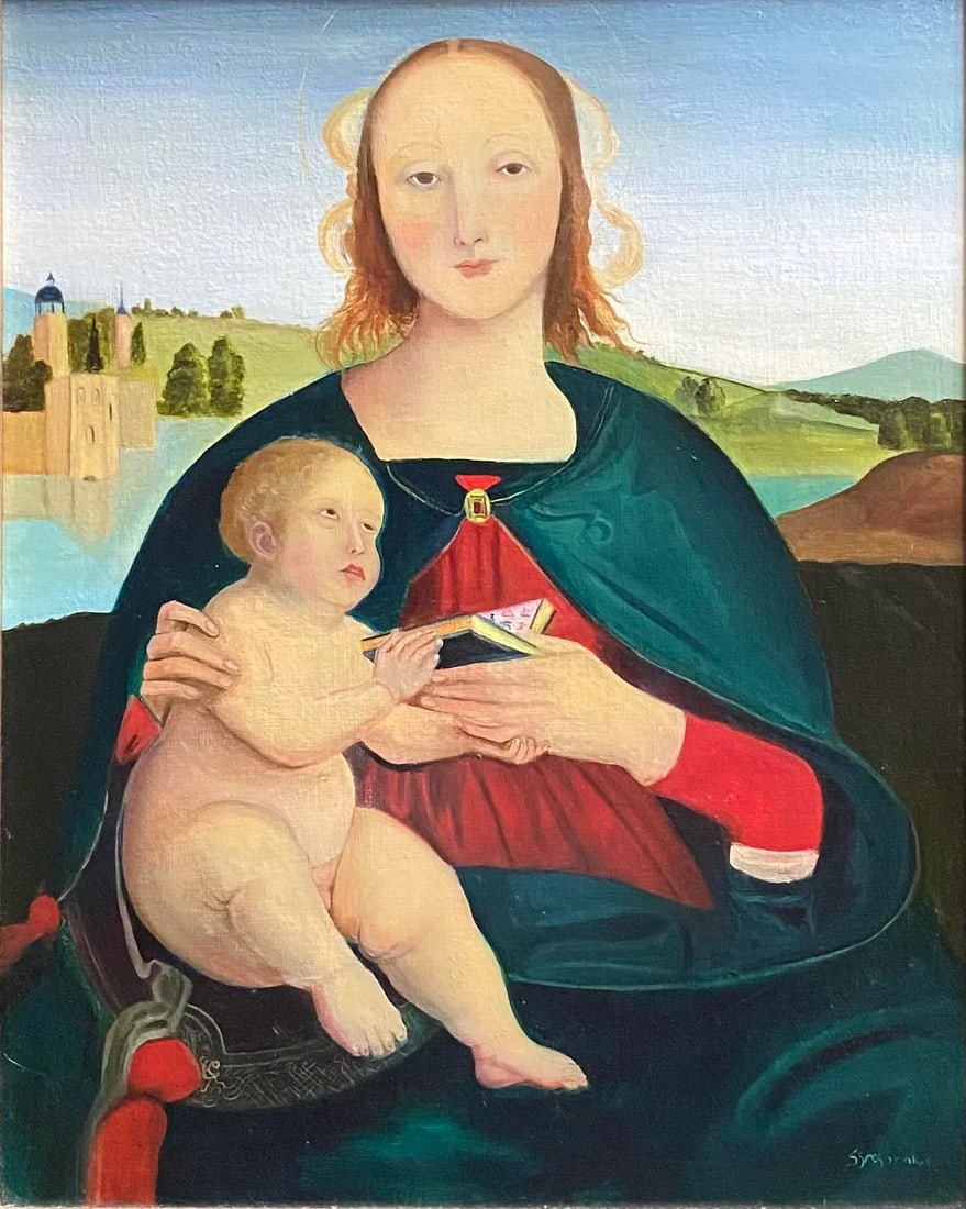 Late 20th Century Madonna and Child Figurative Oil Painting; After Rafael. Framed. Signed. - 4