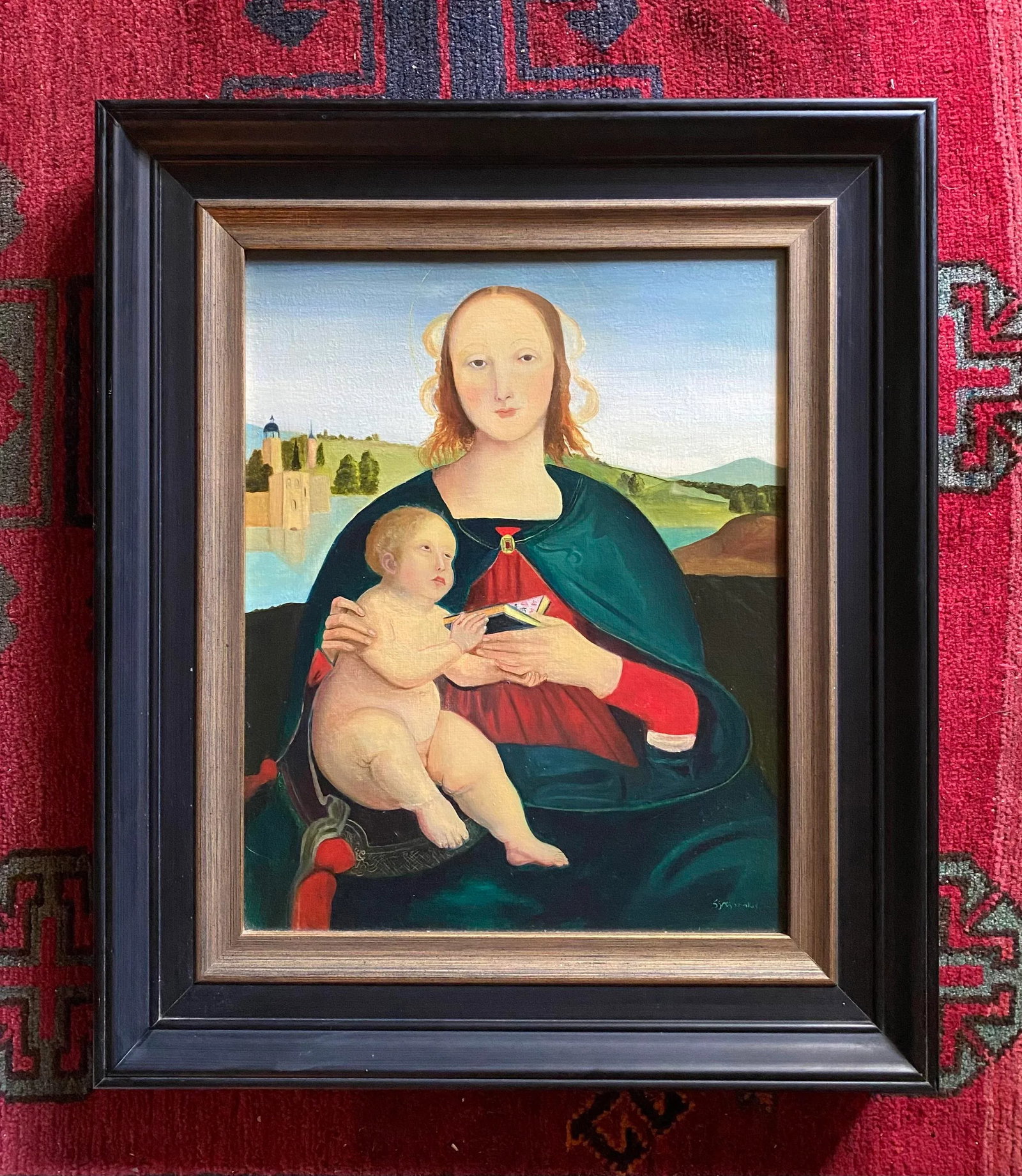 Late 20th Century Madonna and Child Figurative Oil Painting; After Rafael. Framed. Signed. - 5