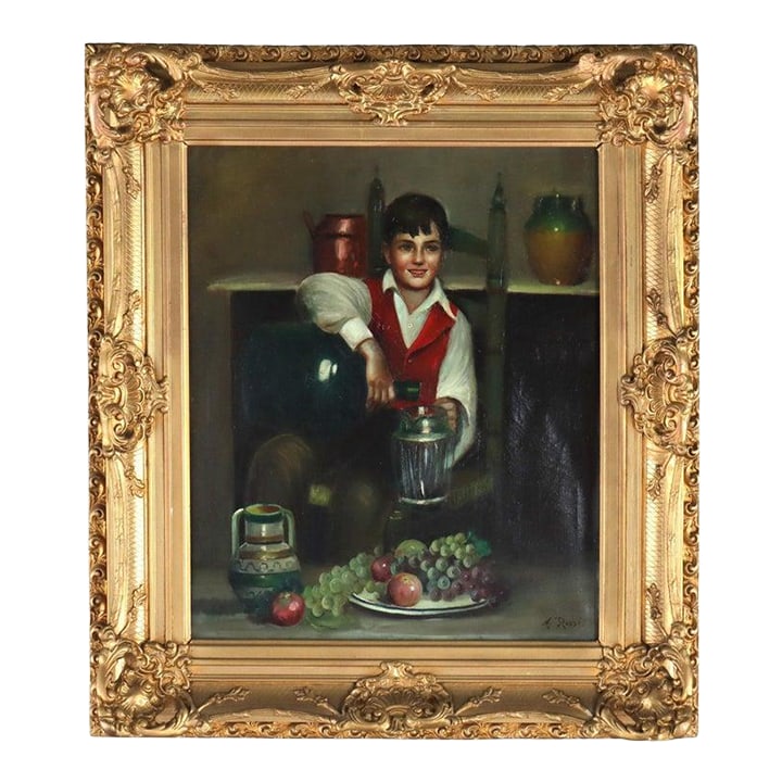 Antique Oil on Canvas Genre Painting of a Boy Serving Wine M. Rossi C1890: Antique Oil on Canvas Genre Painting of a Boy Serving Wine Signed by M. Rossi C1890 Measures - 32.25"H x 28.25"W x 4.5"D. A captivating antique oil on canvas painting by M. Rossi, circa 1890. This