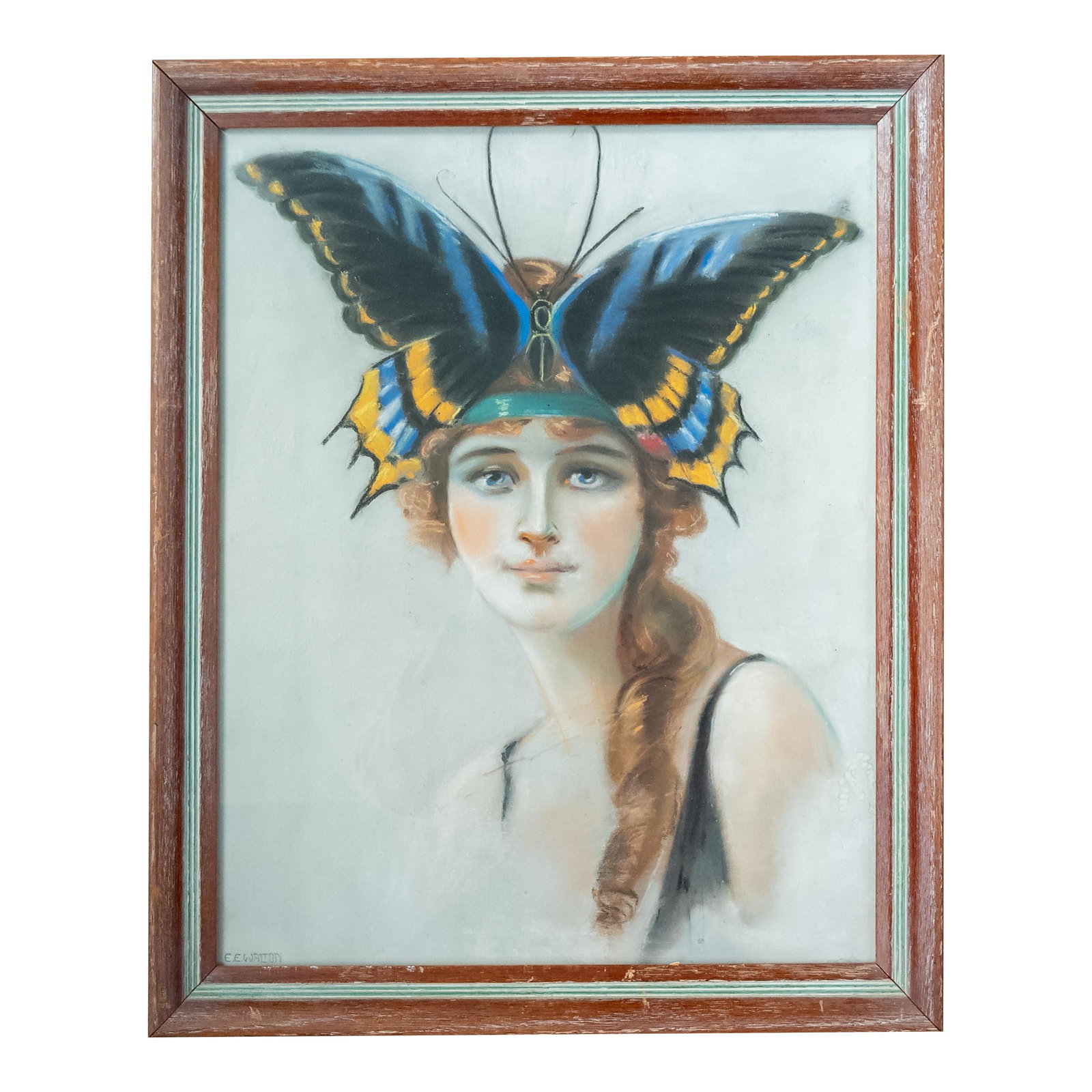 20th Century Art Deco Pastel Painting of a Flapper Lady With Butterfly Headband: We are selling this great Art Deco pastel painting of a beautiful flapper girl with butterfly or moth headband. This painting is just great and is signed in the lower left E E Walton and may be the mo