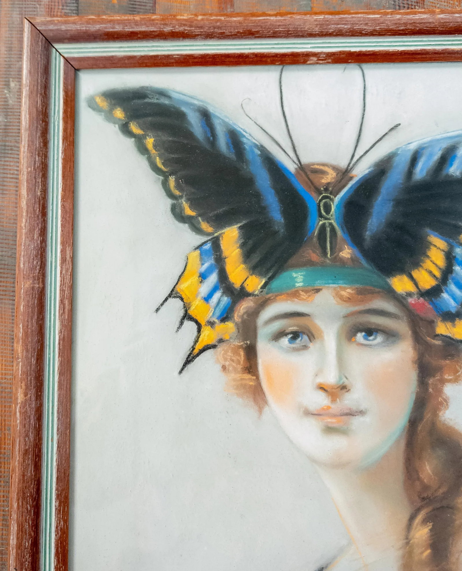 20th Century Art Deco Pastel Painting of a Flapper Lady With Butterfly Headband - 2
