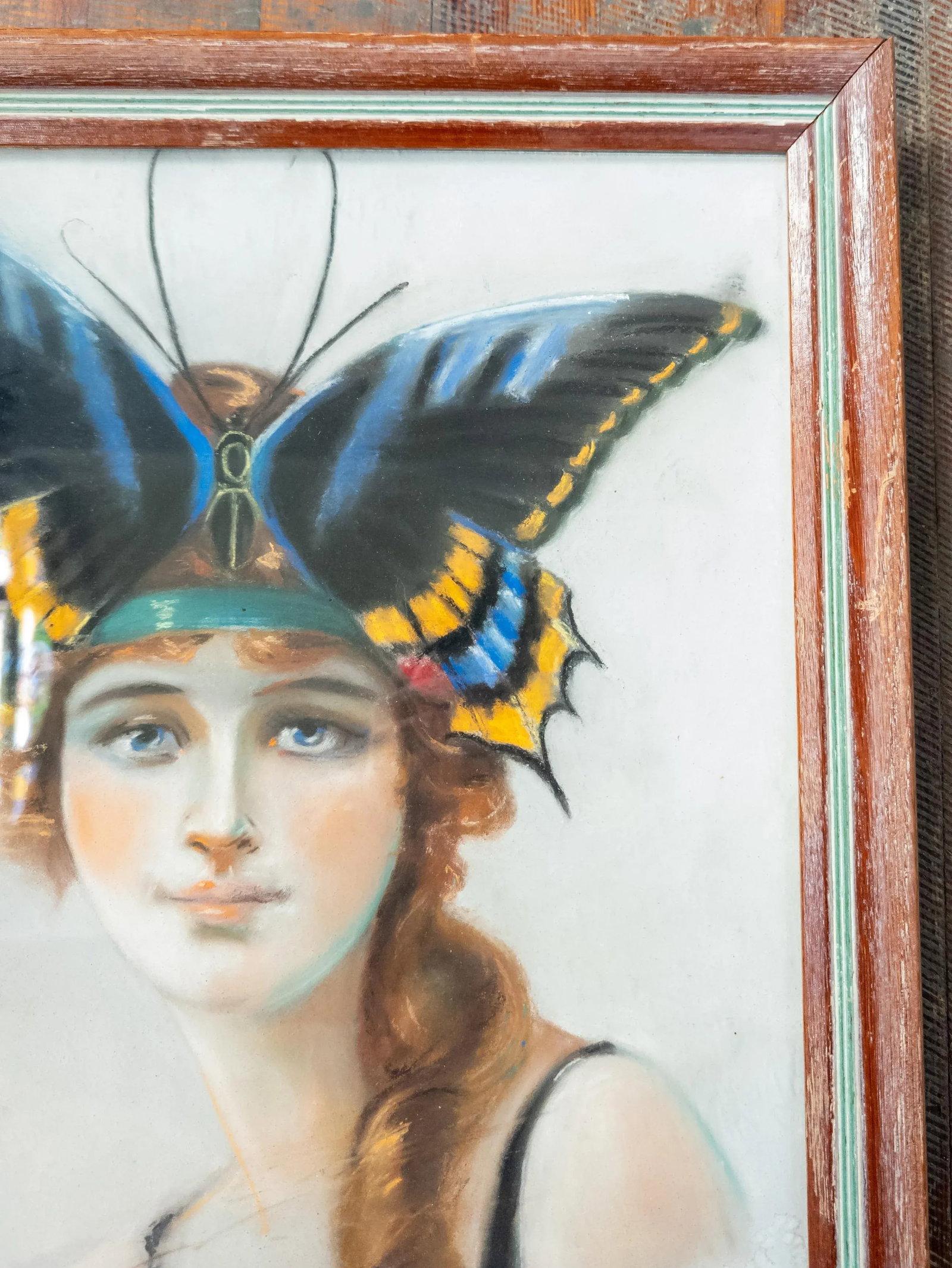 20th Century Art Deco Pastel Painting of a Flapper Lady With Butterfly Headband - 3