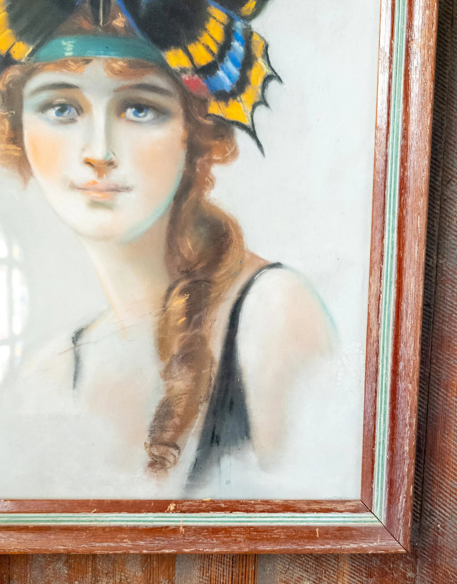 20th Century Art Deco Pastel Painting of a Flapper Lady With Butterfly Headband - 4