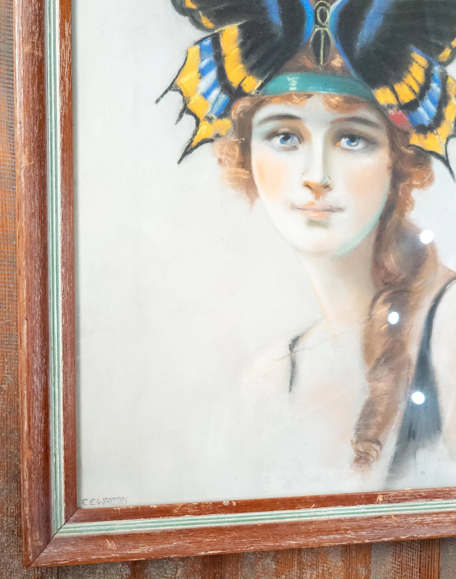 20th Century Art Deco Pastel Painting of a Flapper Lady With Butterfly Headband - 5