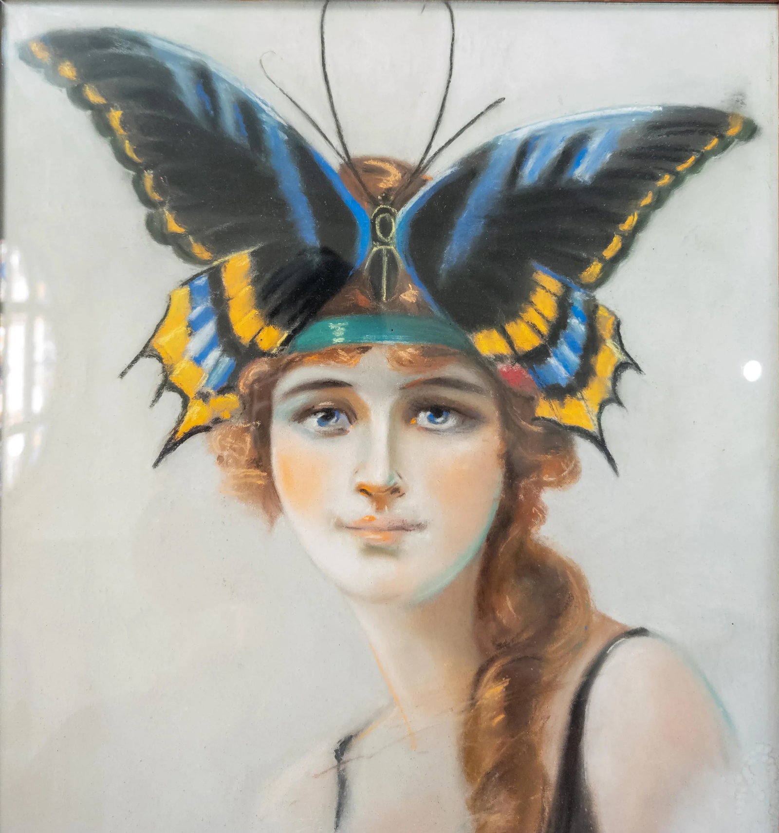 20th Century Art Deco Pastel Painting of a Flapper Lady With Butterfly Headband - 6