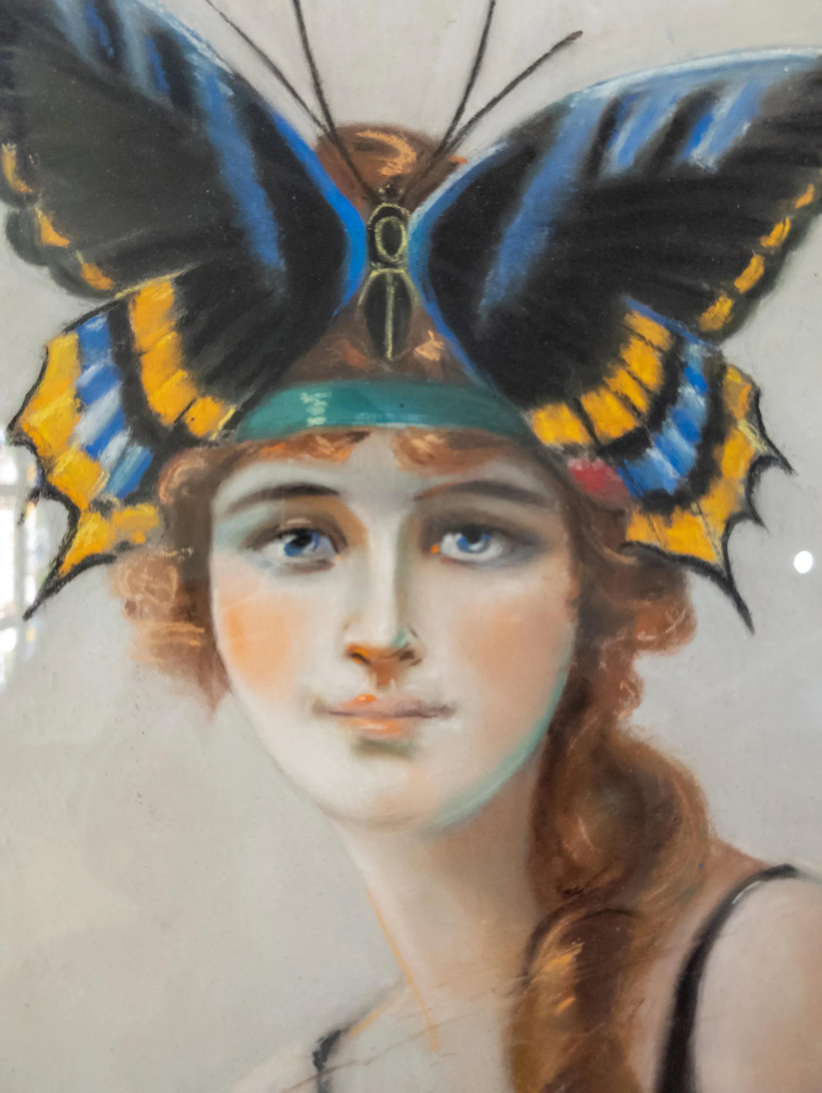 20th Century Art Deco Pastel Painting of a Flapper Lady With Butterfly Headband - 7