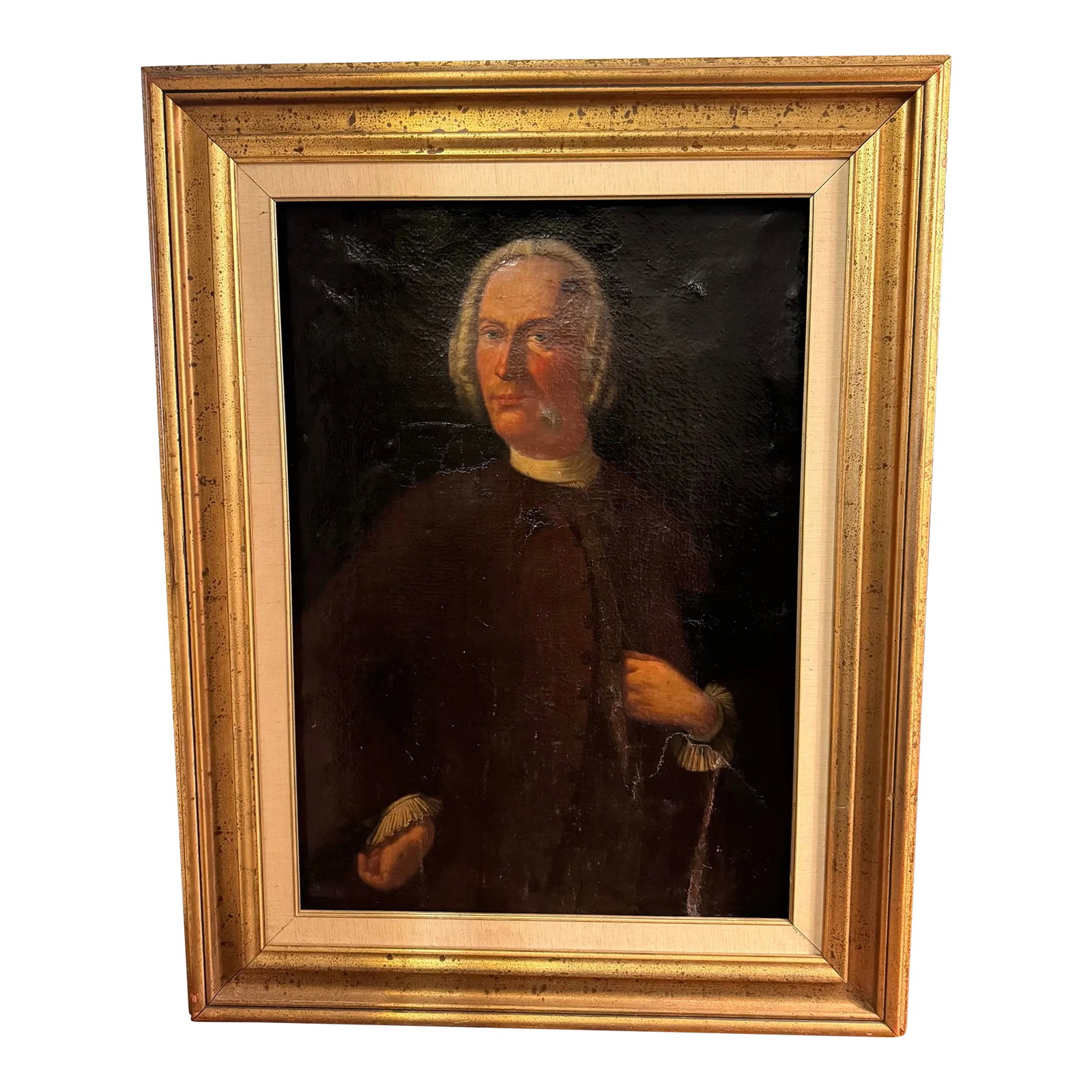 Large Early 18th Century English Portrait Painting of an Aristocrat: This listing is for an early 18th century English portrait of a gentleman. This painting depicts a man in a powdered wig. He stands posed in a brown garb, with one hand in his coat pocket and the othe