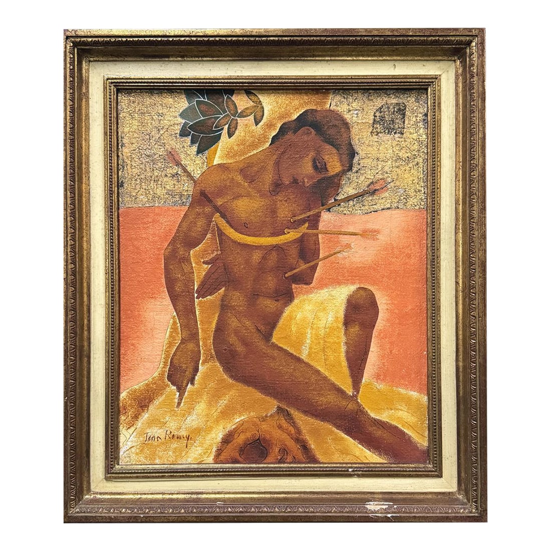 Portrait of Saint Sebastian by Jean Remy (French, 1893-1970): A vivid and striking example of Art Deco painting, this depiction of St. Sebastian in tones of gold and pink-papaya shows the figure with a rich, brown complexion, wounded with four arrows, his head s