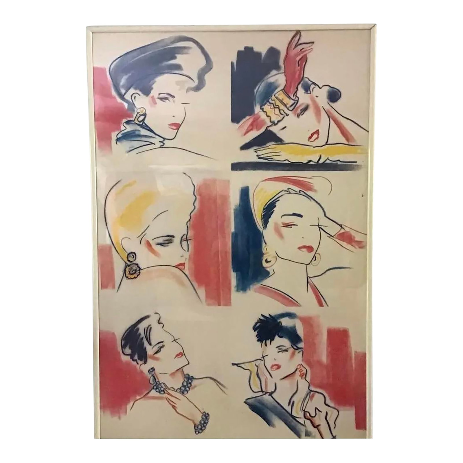 Mid-Century Modern Large Scale Vintage Art Fashion Design Collage Wall Decor, Framed 73.5" X 49.5": Original Mid-Century Modern fashion design wall art collage. Features water color on paper board of six stylized female figure's with prominent facial features and distinctive hairstyle, indicative of