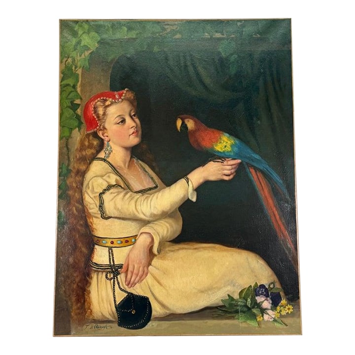 19th Century C1872 French Painting of a Woman With a Parrot, Framed: C1872 French Painting of a Gypsy Woman With a Parrot. Beautifully painted. Very crisp. Unique piece purchased in France. Age appropriate wear, see detailed photos or message us with any questions. Con