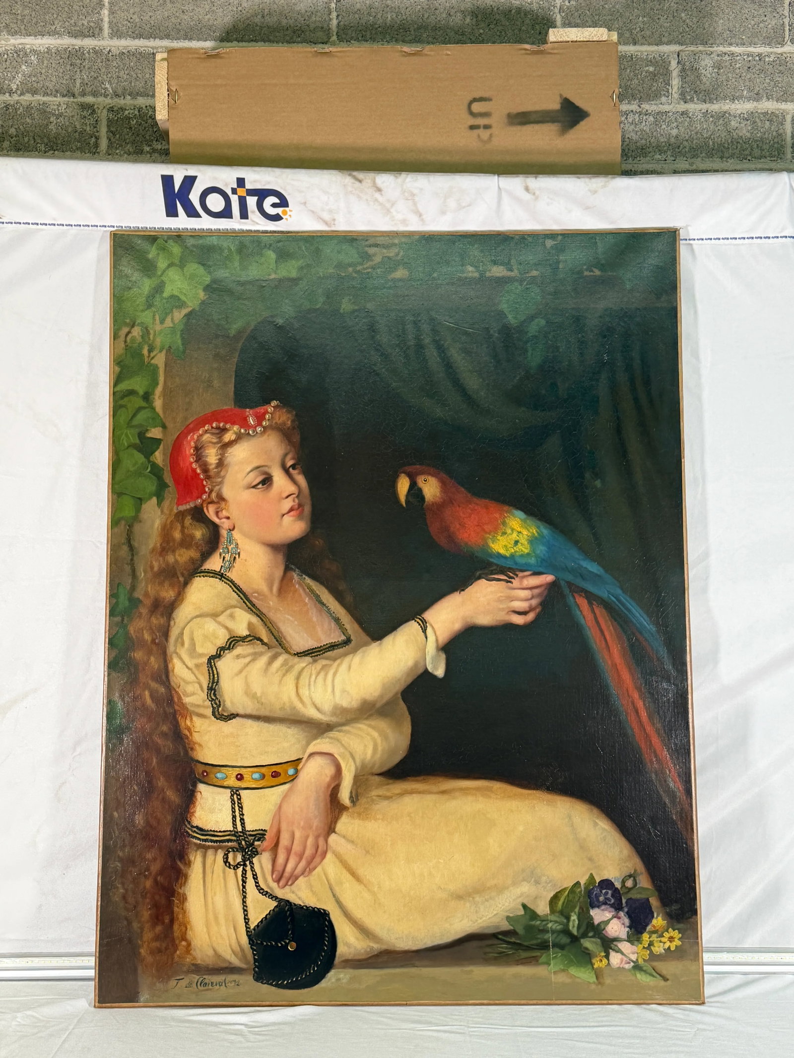 19th Century C1872 French Painting of a Woman With a Parrot, Framed - 2