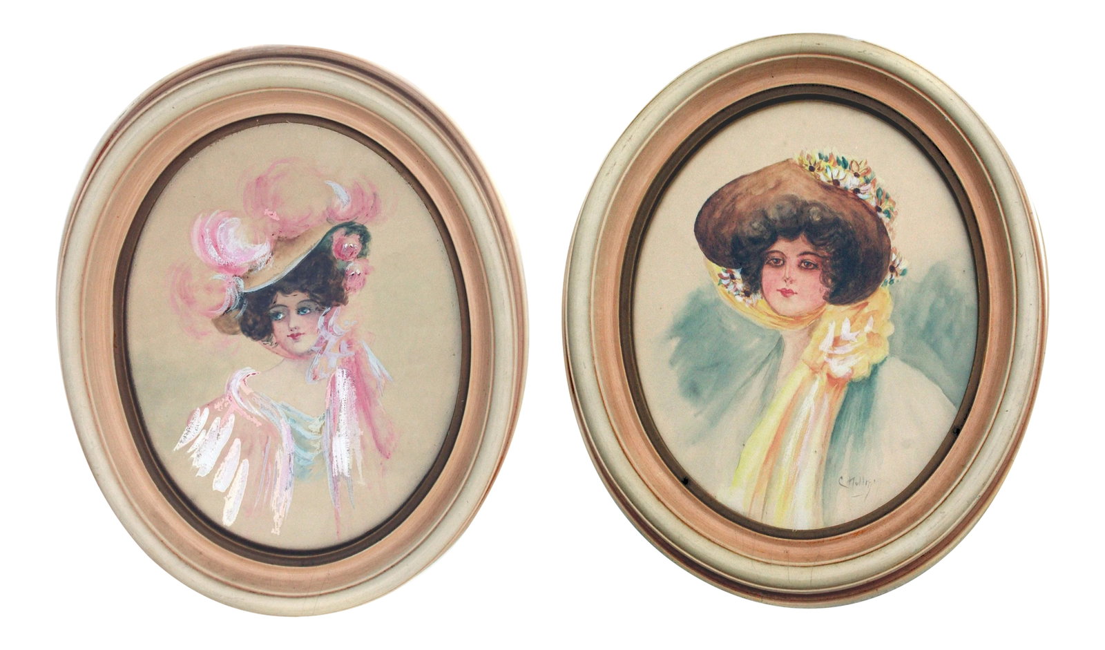 Gibson Girls Watercolor Portraits 1920s Fashion Illustrations- Set of 2, by Charles Hollman: Gorgeous pair of two 1920's watercolor portraits of Gibson girls, one in blue and one in pink, by Charles Hollman (Dutch, 1877-1953). Each portrait renders the 1920's fashion of the times in great det