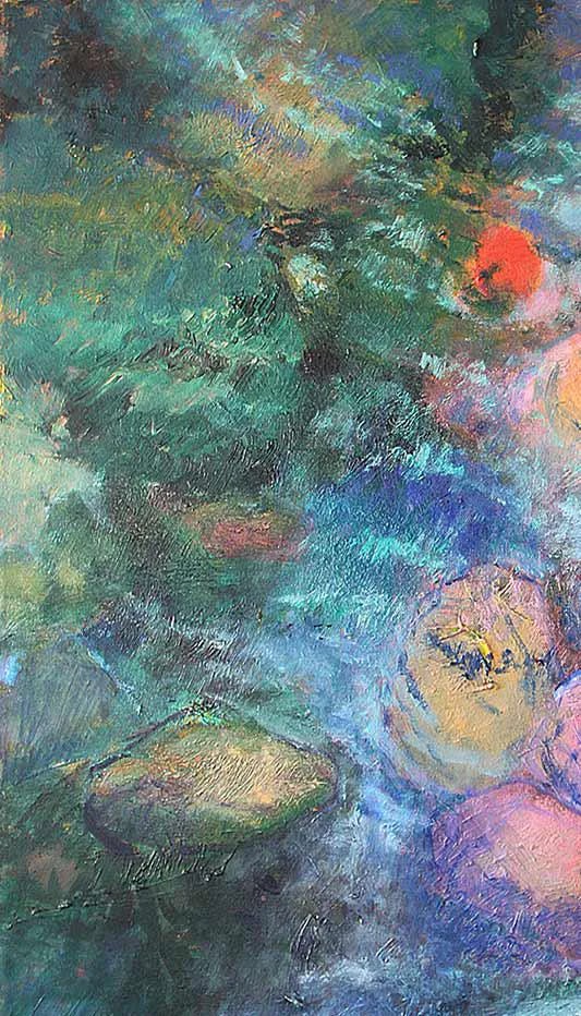 Painting on Canvas 'Riverbed': Vintage Impressionist painting titled 'Riverbed'' depicting water running over rocks in a river. Oil on stretched canvas. Unframed. Signed lower left corner 'Theresa Breault'. Condition: Alterations: