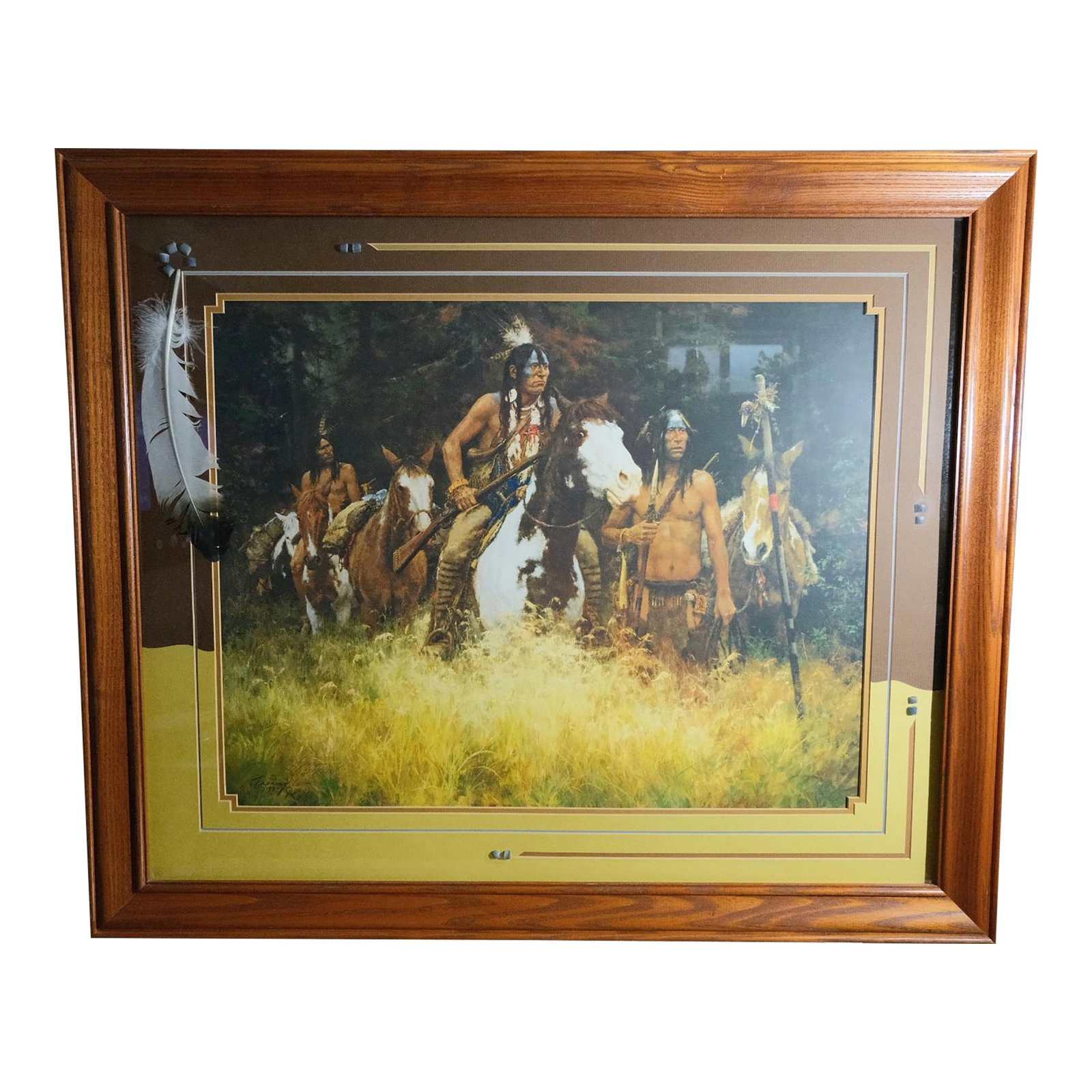 Howard Terpning "The Warning" Signed Limited Edition Lithograph - Custom Shadowbox Frame: This powerful limited edition lithograph, "The Warning", by acclaimed Western artist Howard Terpning, vividly depicts a group of Blackfeet warriors delivering a traditional warning to