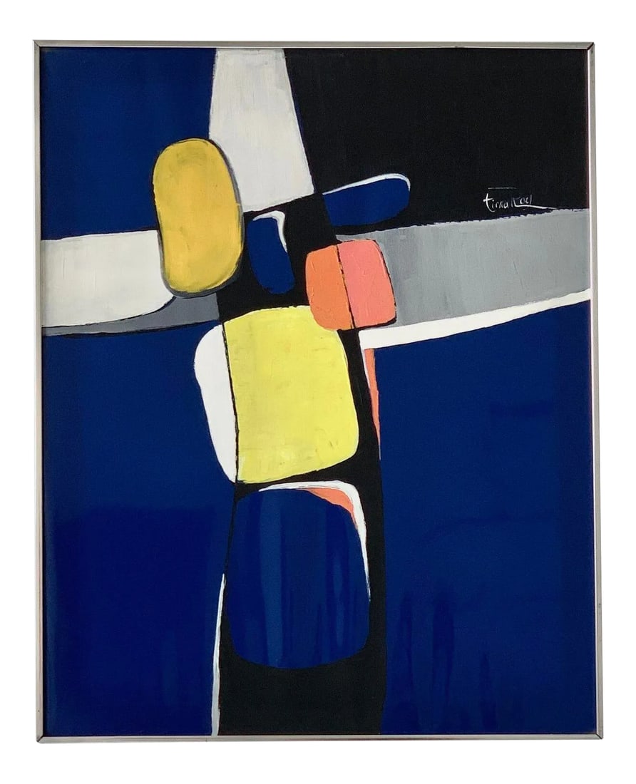 Vintage 1960s "Photraiture" Abstract Portrait Acrylic on Vinyl Painting Signed Tina Roy: Vintage "Photraiture" Abstract Portrait in Acrylic on Vinyl by Miami-based Artist, Tina Roy, circa 1960s. Executed in a finite palette of black, salmon, orange, mustard, grey and white. This work is
