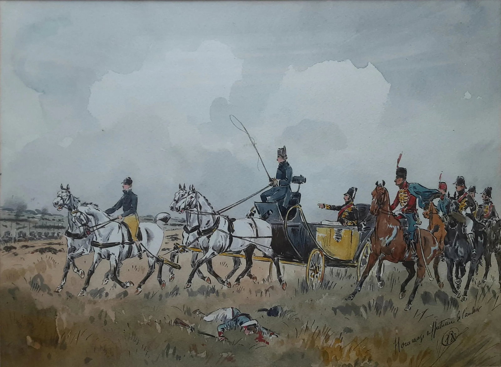 Antique Military Watercolor Painting: 19th century watercolor painting by August Ignatz Grosz (1847-1917) depicting military reinforcements being called up during the Franco-Prussian war of 1870. The highly detailed images of war include 