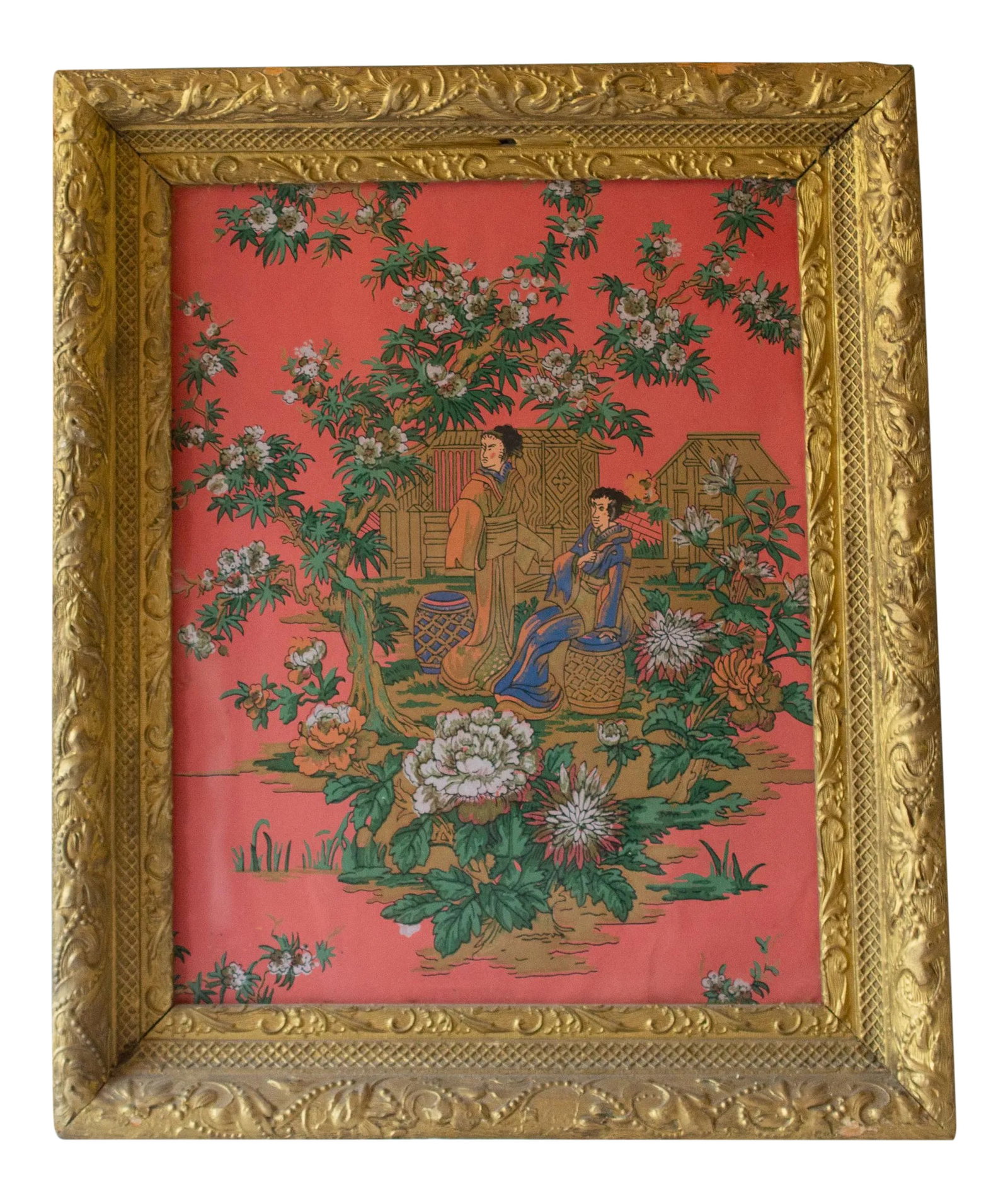 Antique Japanese Painting on Coral Rice Paper Framed: Antique rice paper painting in Asian motif, framed in gilt wood with glass overtop. The background is a coral pink color with gold and silver metallic painted details. There is no date or signature
