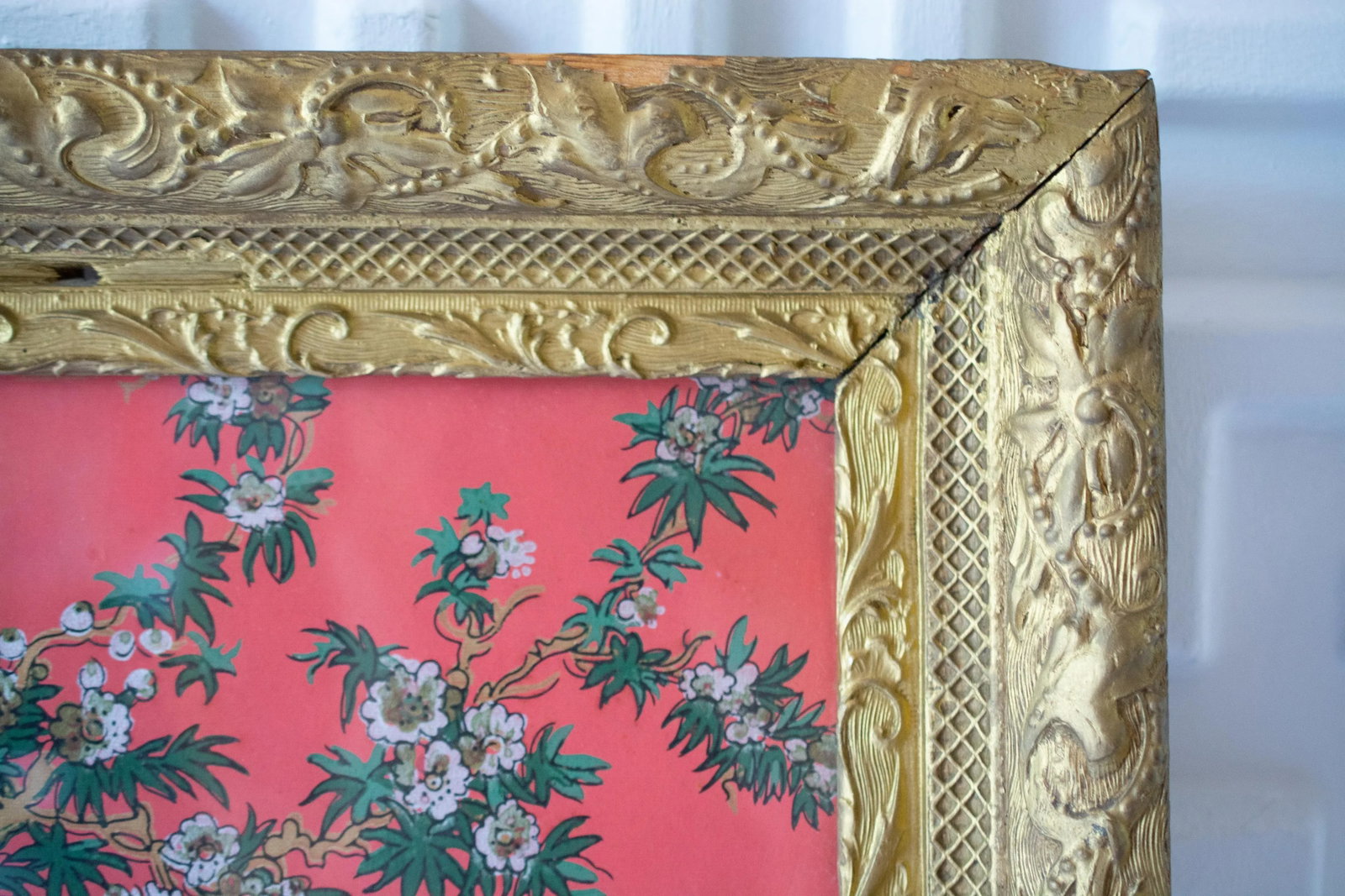 Antique Japanese Painting on Coral Rice Paper Framed - 2