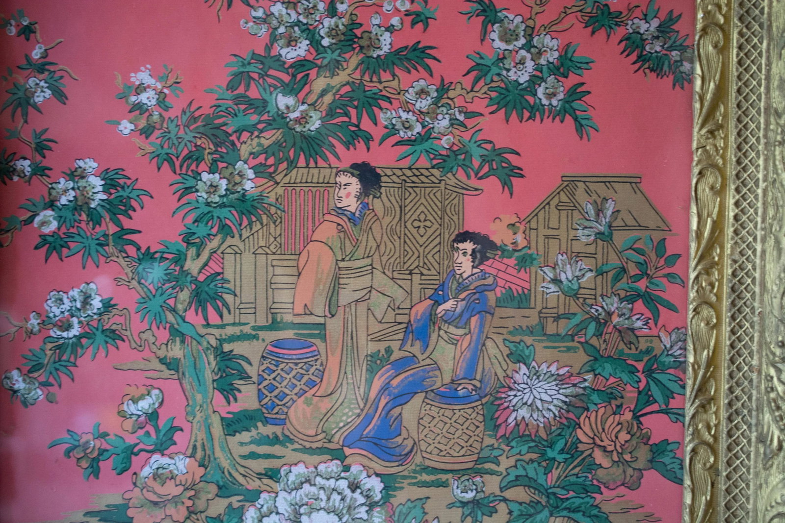 Antique Japanese Painting on Coral Rice Paper Framed - 3