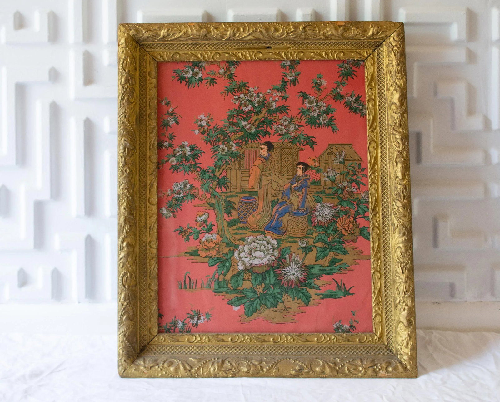 Antique Japanese Painting on Coral Rice Paper Framed - 6