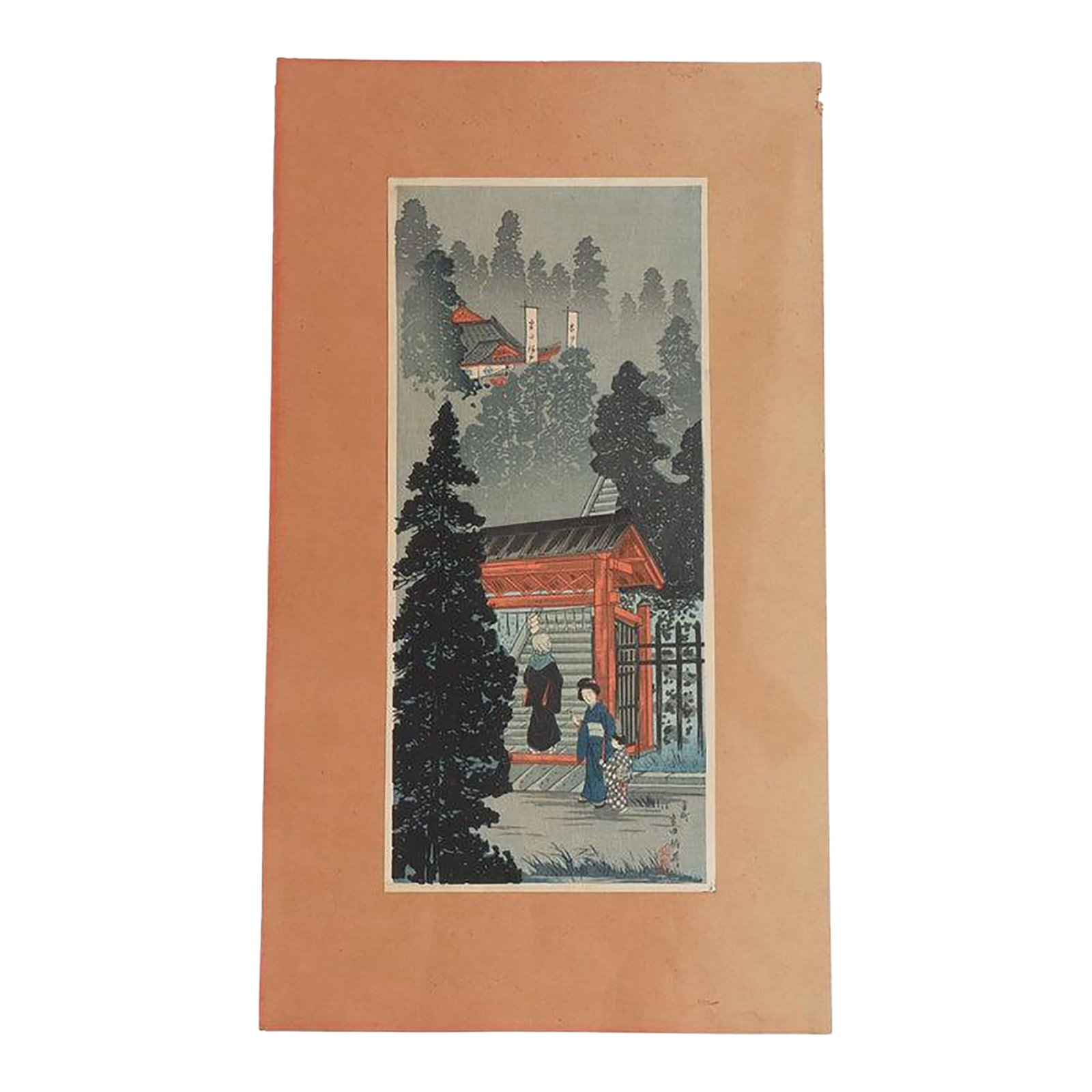 1930s Hiroaki Shotei Japanese Woodblock Print "Inari Shrine at Oji" Signed C1936: Antique Japanese Woodblock Print "Inari Shrine At Oji" Signed by Hiroaki Shotei C1936. Measures - 20.5"H x 11.75"W x .25"D. This antique Japanese woodblock print titled 'Inari Shrine At Oji' is