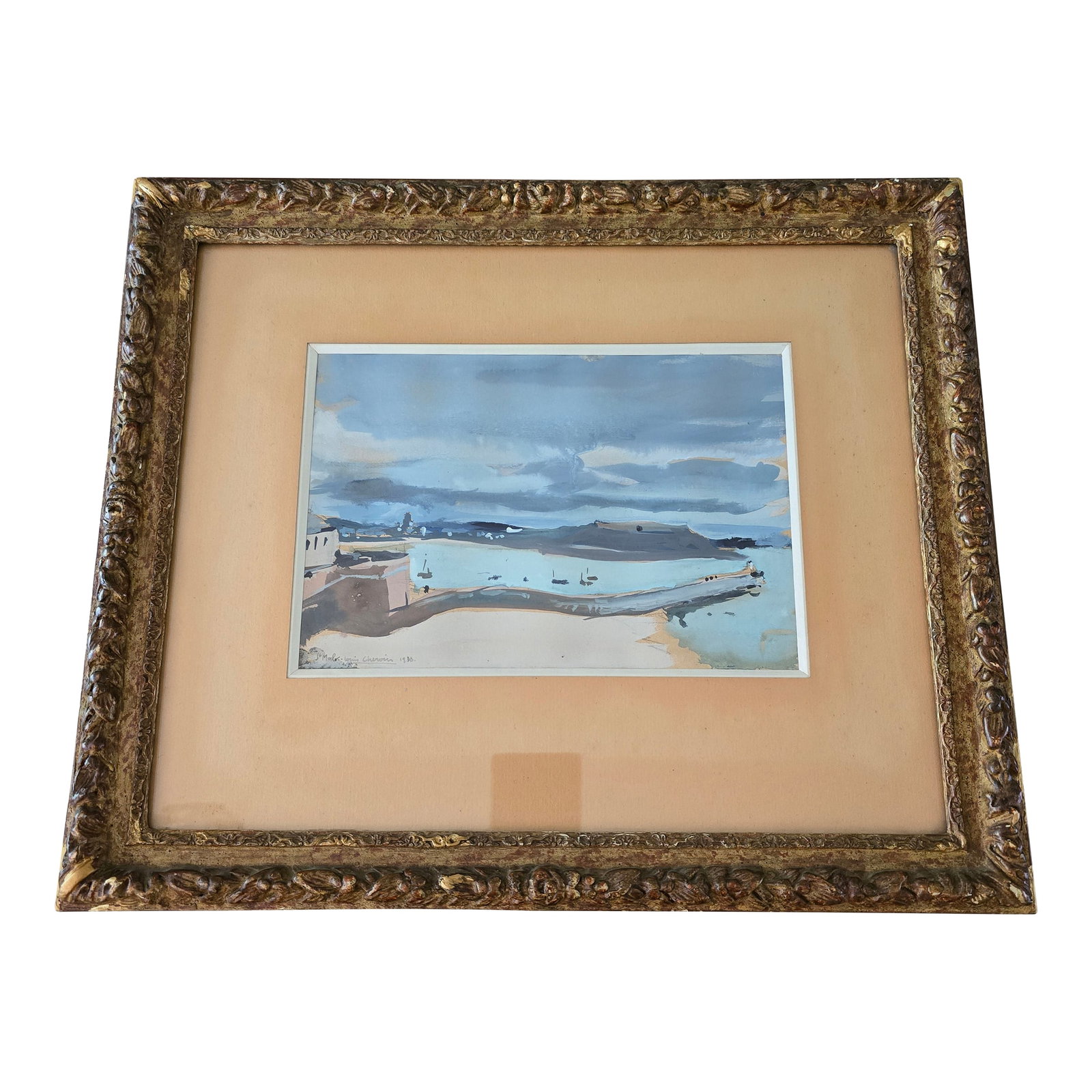 Early 20th Century Antique Signed Painting Impressionist Beach Scene, Framed: A fine antique original triple signed watercolor painting of a beach scene. Having marvelous impressionist brush strokes in glorious sky blue and marine ocean colors painted in correct scale and accur