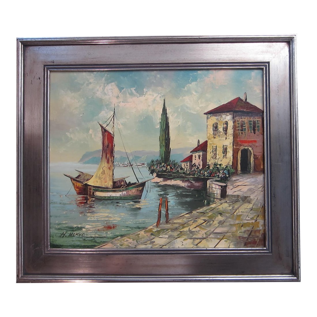 1970s H Hugo Seascape Signed Painting: Decorative, oil on canvas is signed by Artist H. Hugo on lower left. according to our research there is a Hugo artist of Russia. Hoewer, the art features, italian villas, boats and stunning colors,