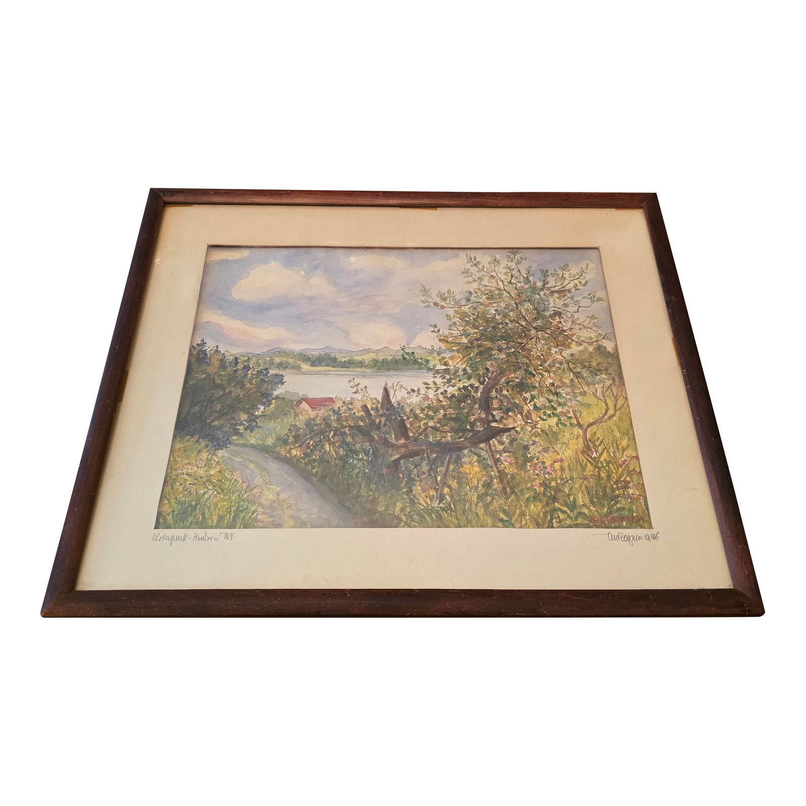 1940s Vintage Mid Century Hudson River Painting Signed, Framed: A good mid century era ( signed , titled and dated 1940s ) original hudson river watercolor painting. Having a true scene of nature properly painted ( guaranteed a hand painted one of a kind original 