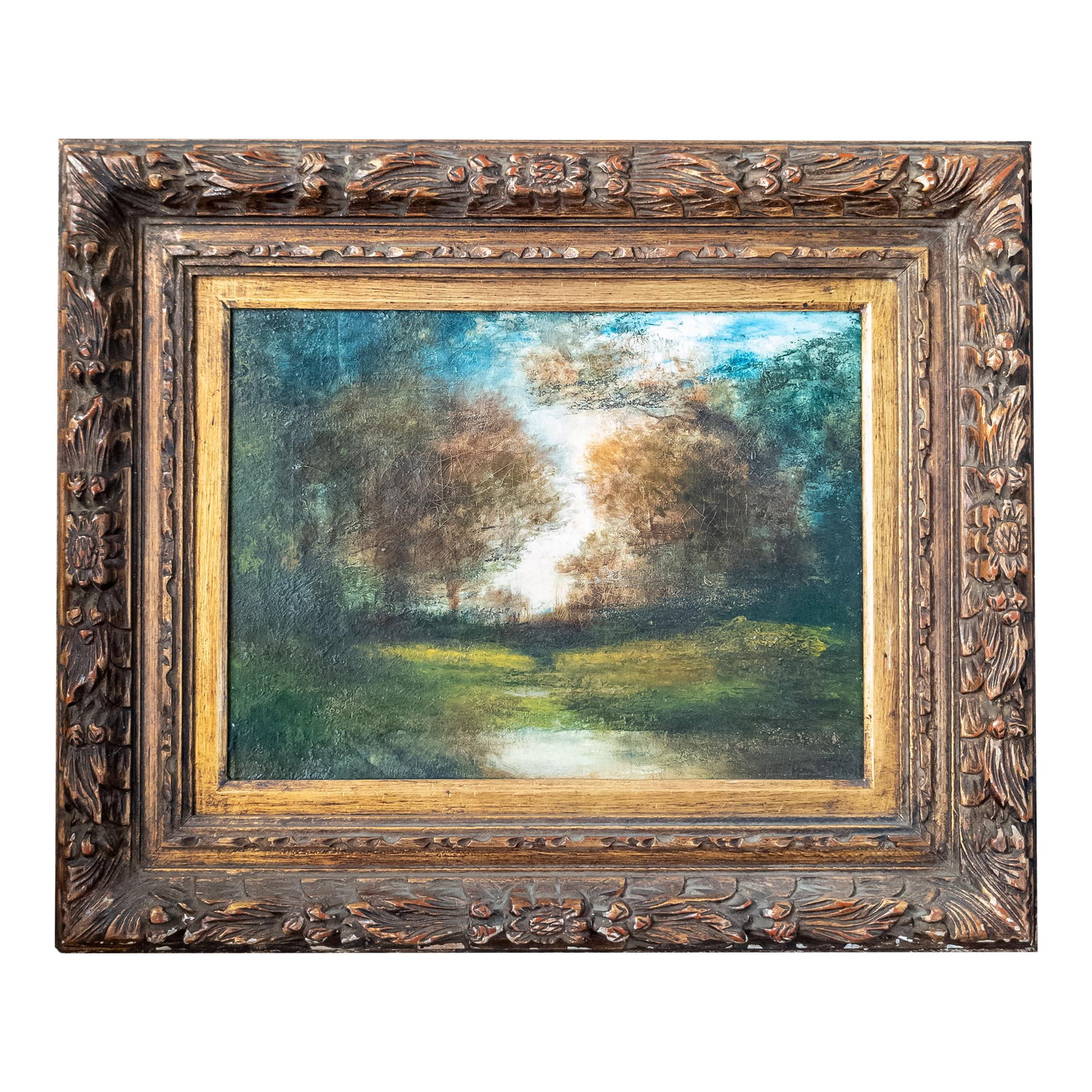 19th Century American Impressionist Landscape in Modern Frame, Signed Illegibly: We are selling this bright and colorful impressionistic American landscape painting. The simple landscape uses unusual colors to convey the landscape and is signed illegibly in the lower right but we