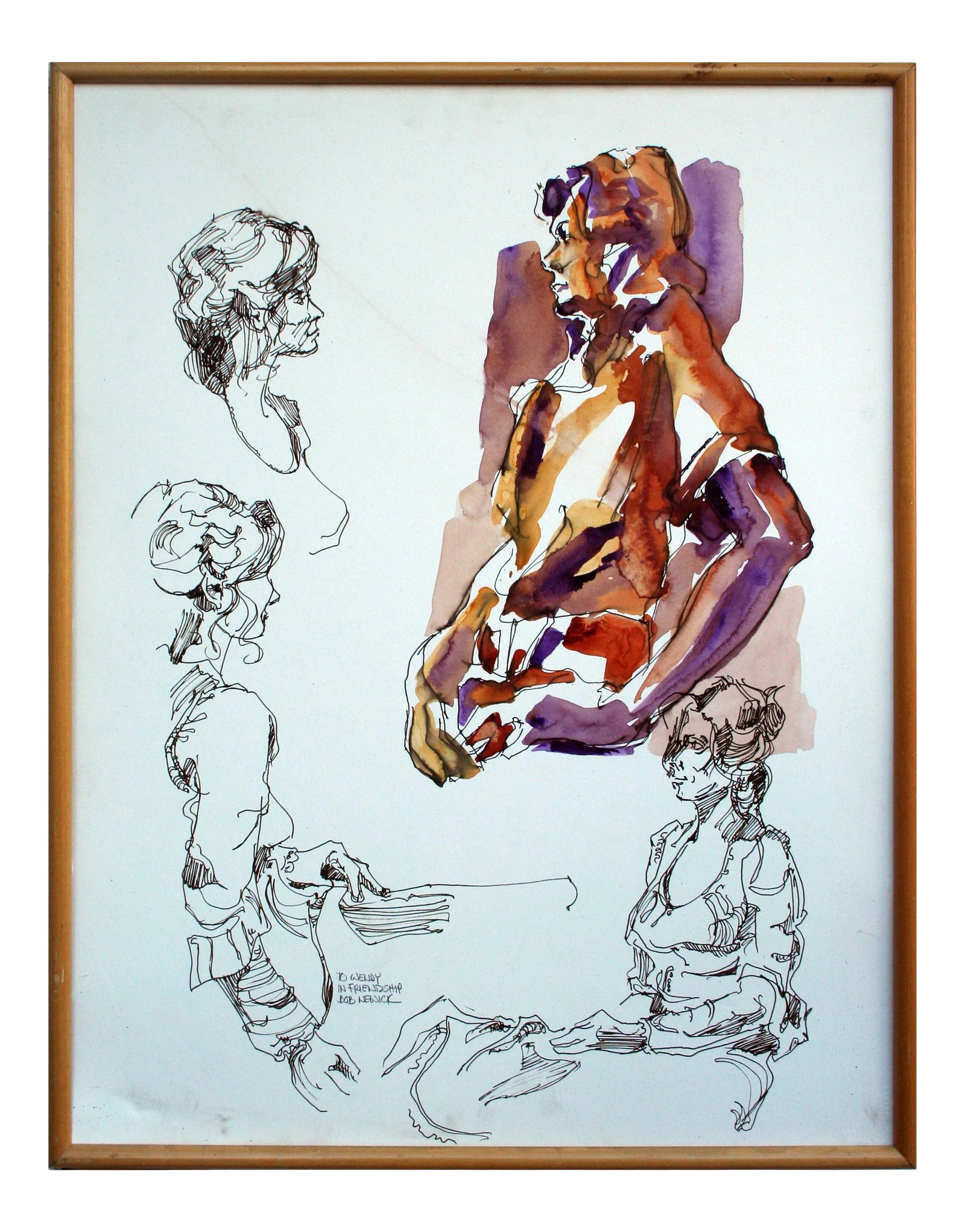 Portrait Study by Bob Newick: Unique set of expressive portrait studies in watercolor and ink by Santa Cruz artist Bob Newick (American, 20th Century). Signed "To Wendy / In Friendship / Bob Newick" in lower left. Displayed in a