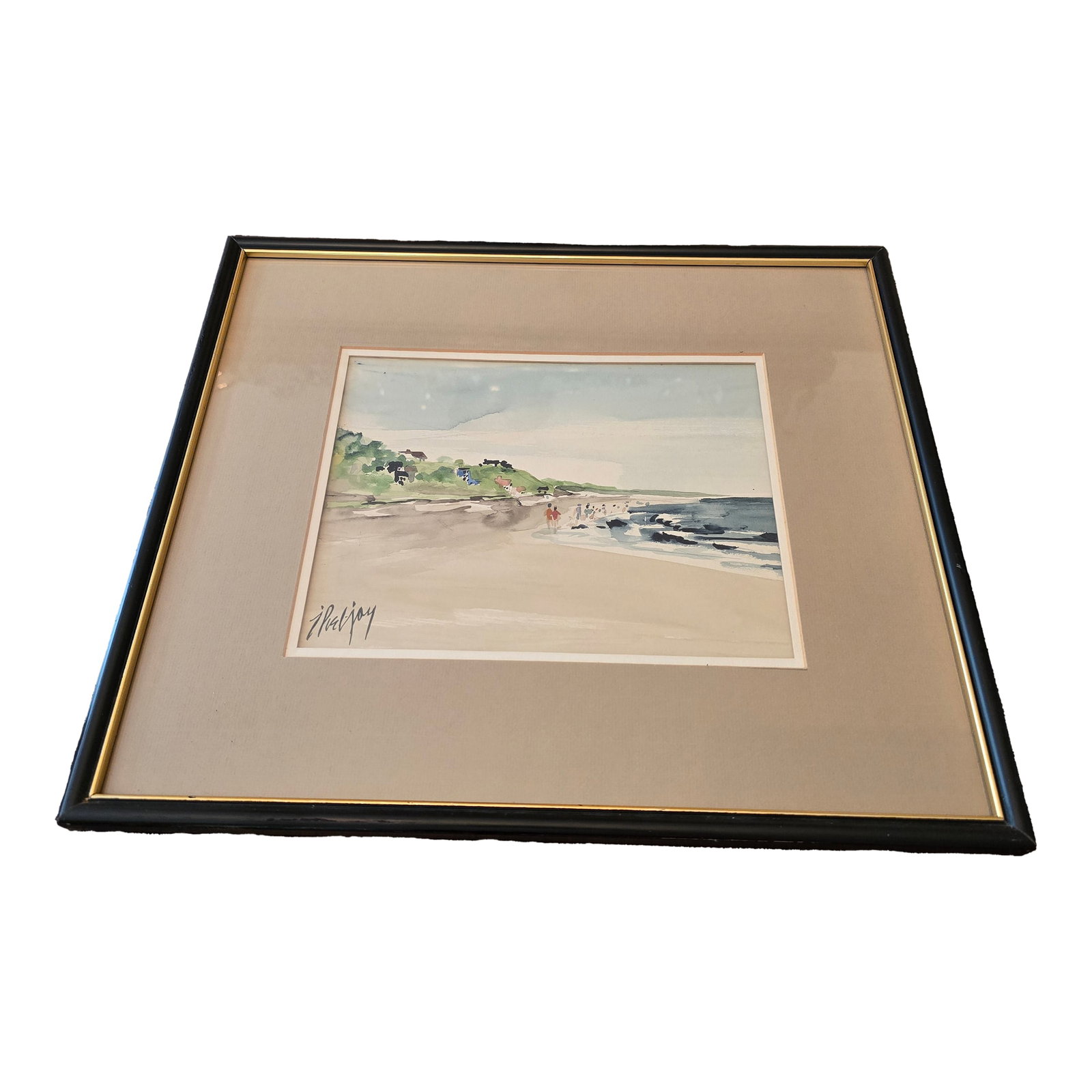 1940s Vintage Beach Painting Signed Impressionist Watercolor, Framed: A very fine pre mid century modern era impressionist watercolor painting depicting a glorious beach scene. Having happy colorful colors perfectly correct for the natural setting of the ocean and the