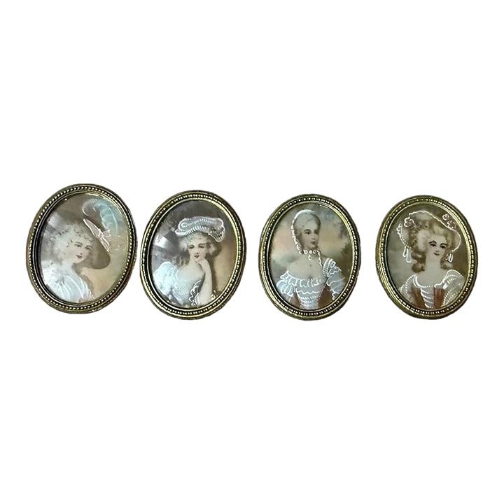 Early 19th Century Four Hand Painted Oval Porcelain Medallions Gilded Age Ladies Framed Hanger on Ba: Four framed hand painted Gilded Age ladies on porcelain with hangers on back, ready for display on a velvet backing board, flat on display, or hung. These four ladies are exceptionally rendered,