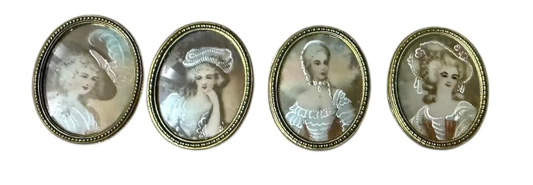 Early 19th Century Four Hand Painted Oval Porcelain Medallions Gilded Age Ladies Framed Hanger on Ba - 2