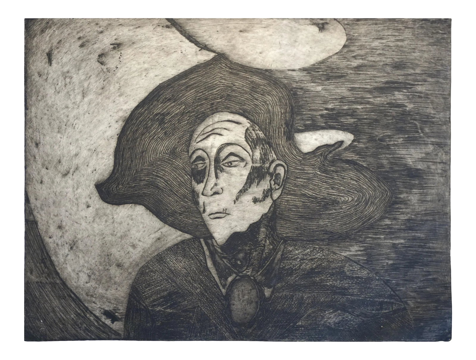 Lino-Cut of Georgia O'Keeffe 1990: Dramatic lino-cut of Georgia O'Keeffe by unknown artist. Circa 1990. Unsigned. Presented in acid free mat. Image size: 10.75"H x 13.75"W. Condition: Alterations: Original Condition Unaltered Imperfect