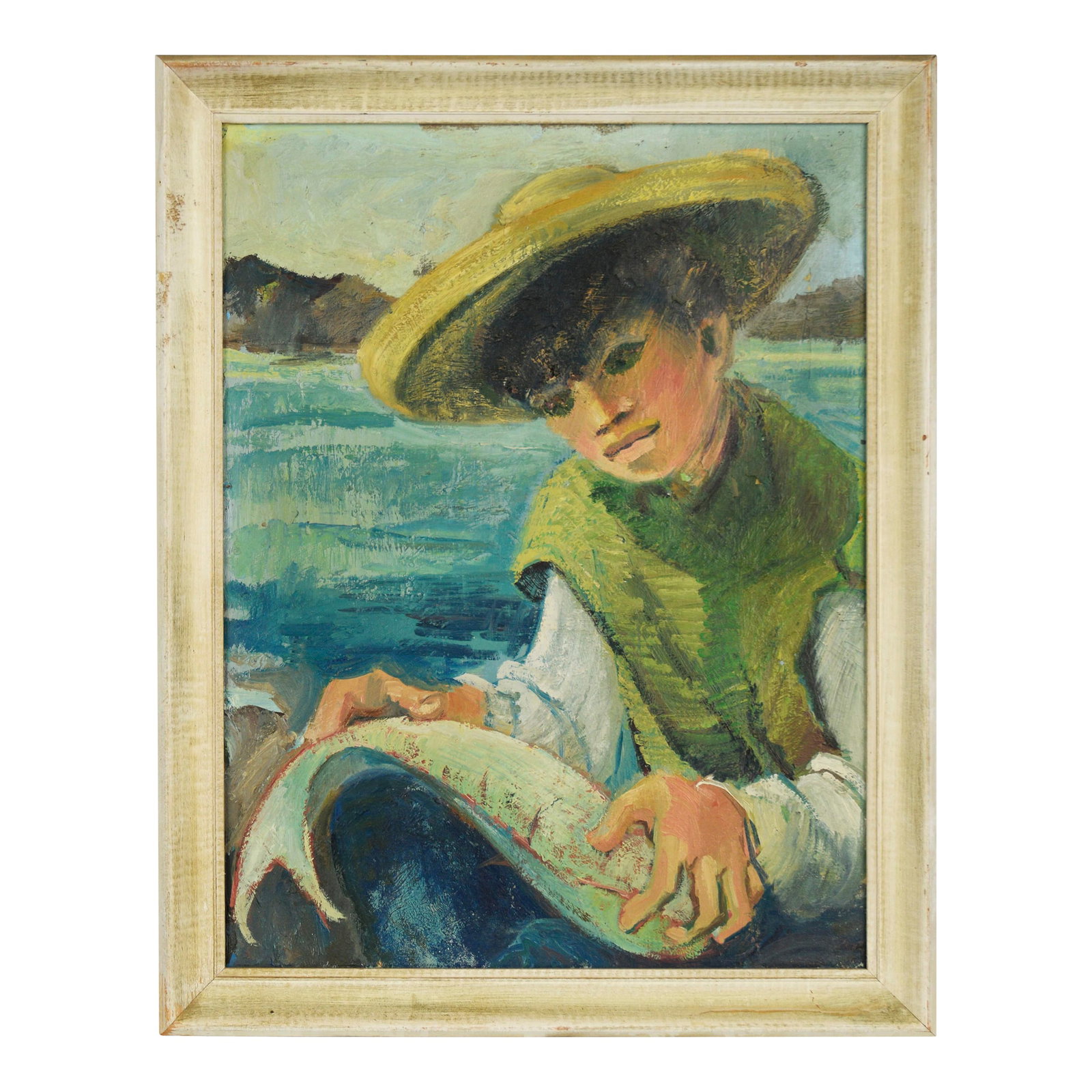 First Catch of the Day - Young Fisherman at Sea by Betty Cal Alumnus: First Catch of the Day - Young Fisherman at Sea Figurative oil painting of a young boy out at sea holding a fish on his lap by Bay Area artist Betty (American, 20th C). The boy is holding his catch