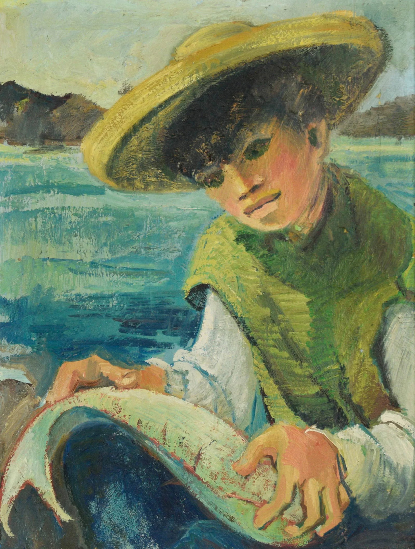 First Catch of the Day - Young Fisherman at Sea by Betty Cal Alumnus - 2