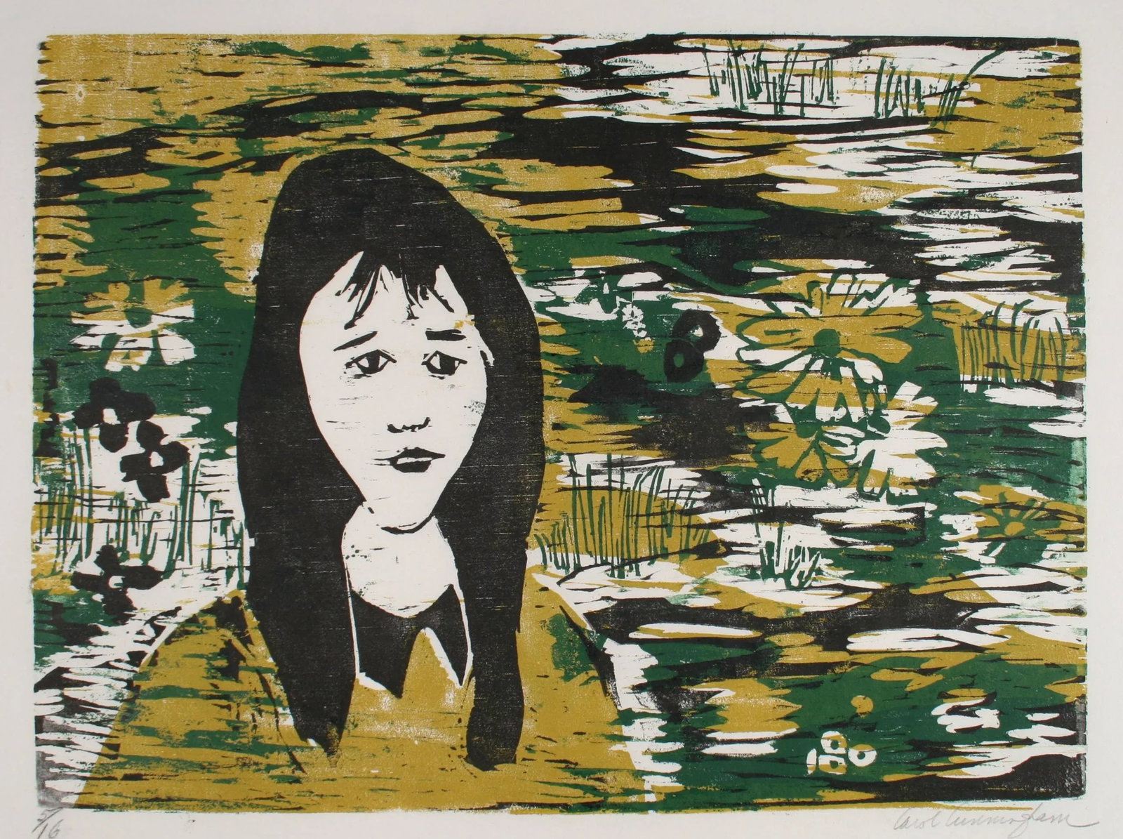 Portrait of a Woman With Flowers 1960-70s Gold and Green Woodcut: This 1960-70s woodcut on mulberry printmaking paper portrait of a woman with flowers is by Bay Area printmaker, painter, and book artist Carol Cunningham (1925-2013). She founded Sunflower Press in